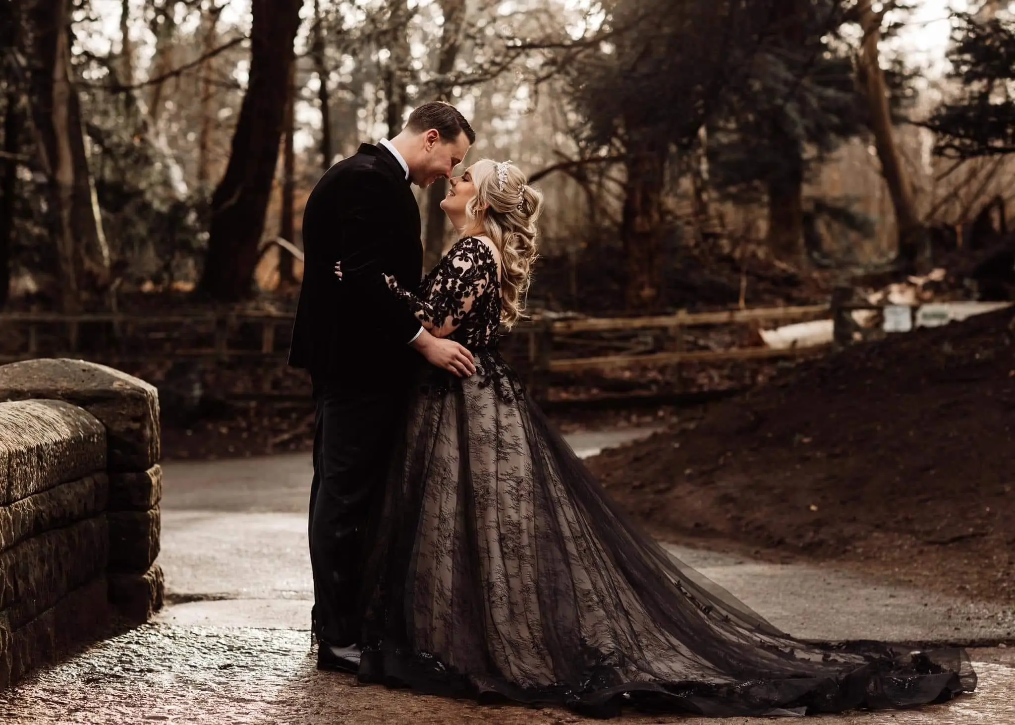 Bride Wearing Black Lace Ballgown Wedding Dress Called Zander By Sottero And Midgley With Groom