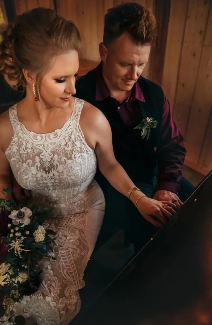 Groom With Bride Wearing Modern Halter Fit-And-Flare Wedding Dress Kevyn By Sottero And Midgley