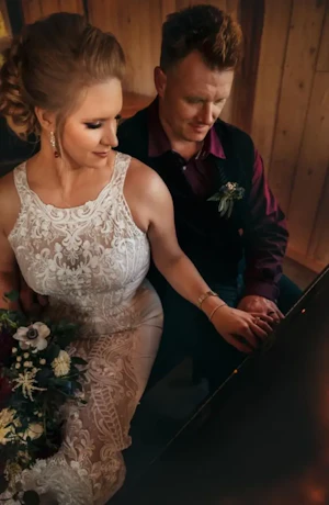 Groom With Bride Wearing Modern Halter Fit-And-Flare Wedding Dress Kevyn By Sottero And Midgley