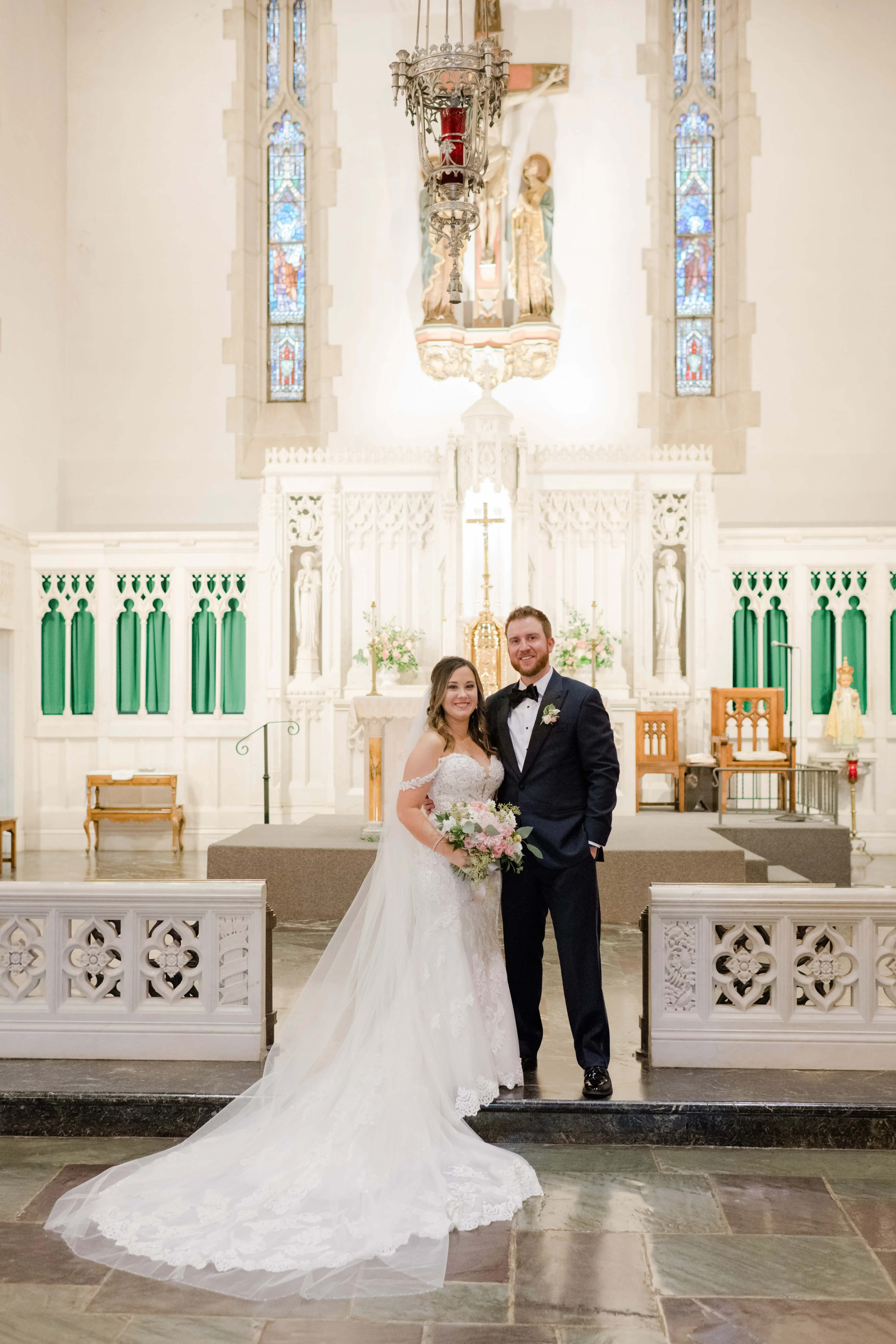 Real bride in sparkly lace fit-and-flare bridal dress with plunging illusion sweetheart neckline called Fiona by Maggie Sottero
