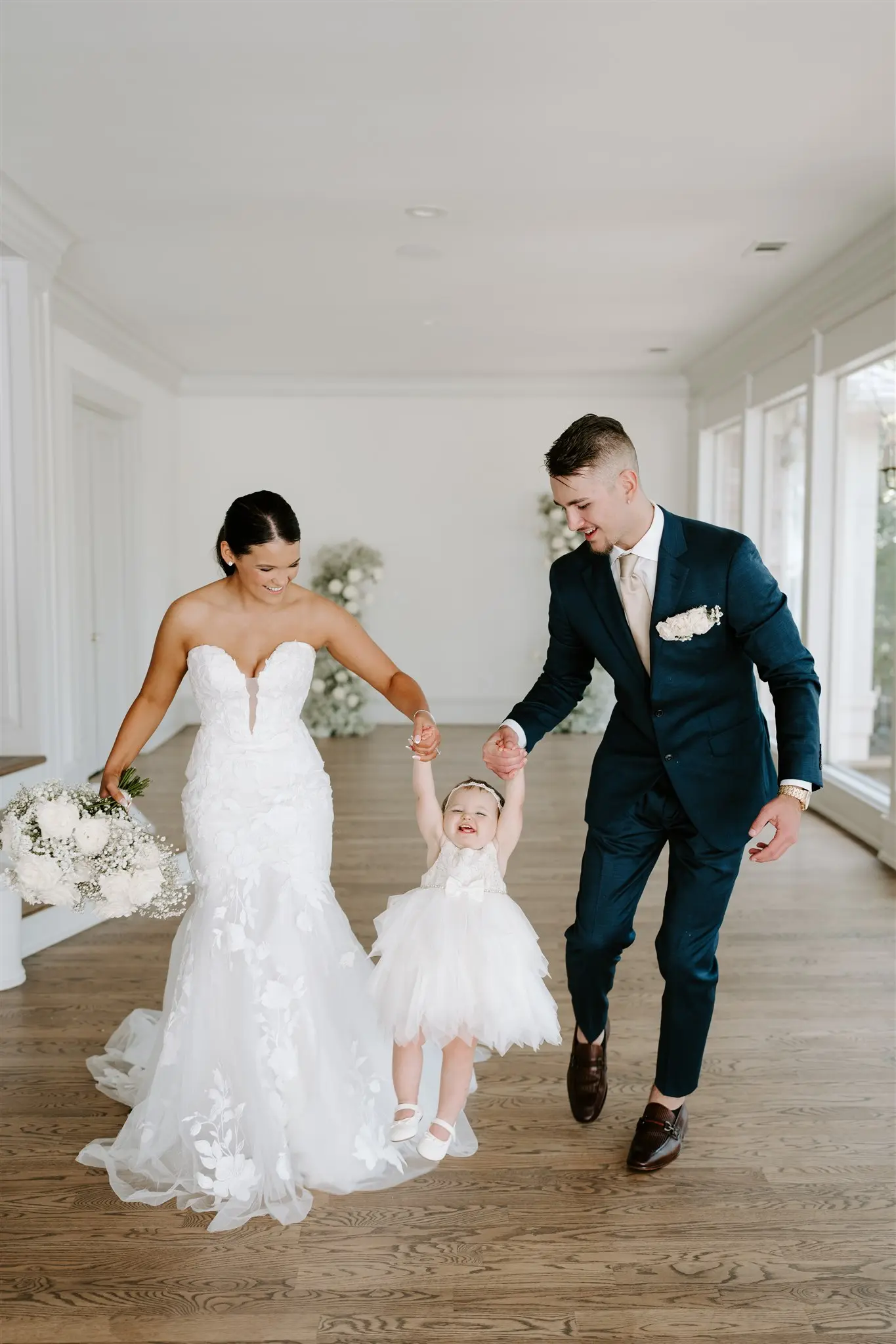 Bride In Floral Mermaid Hattie Rebecca Ingram With Groom and Baby
