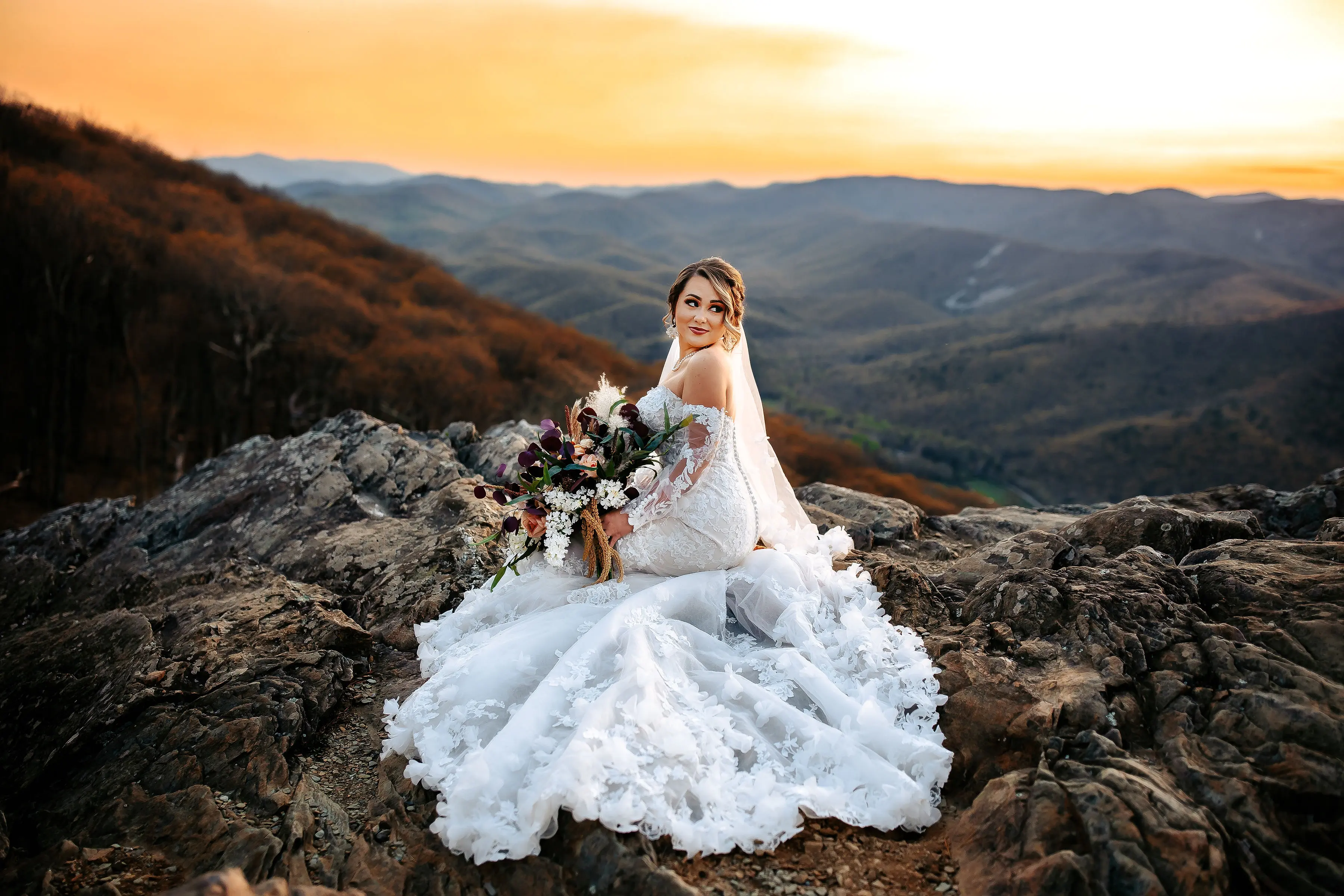 Bride Wearing 3-D Floral Fit-And-Flare Wedding Dress Called Ryker By Sottero And Midgley On A Rocky Mountain