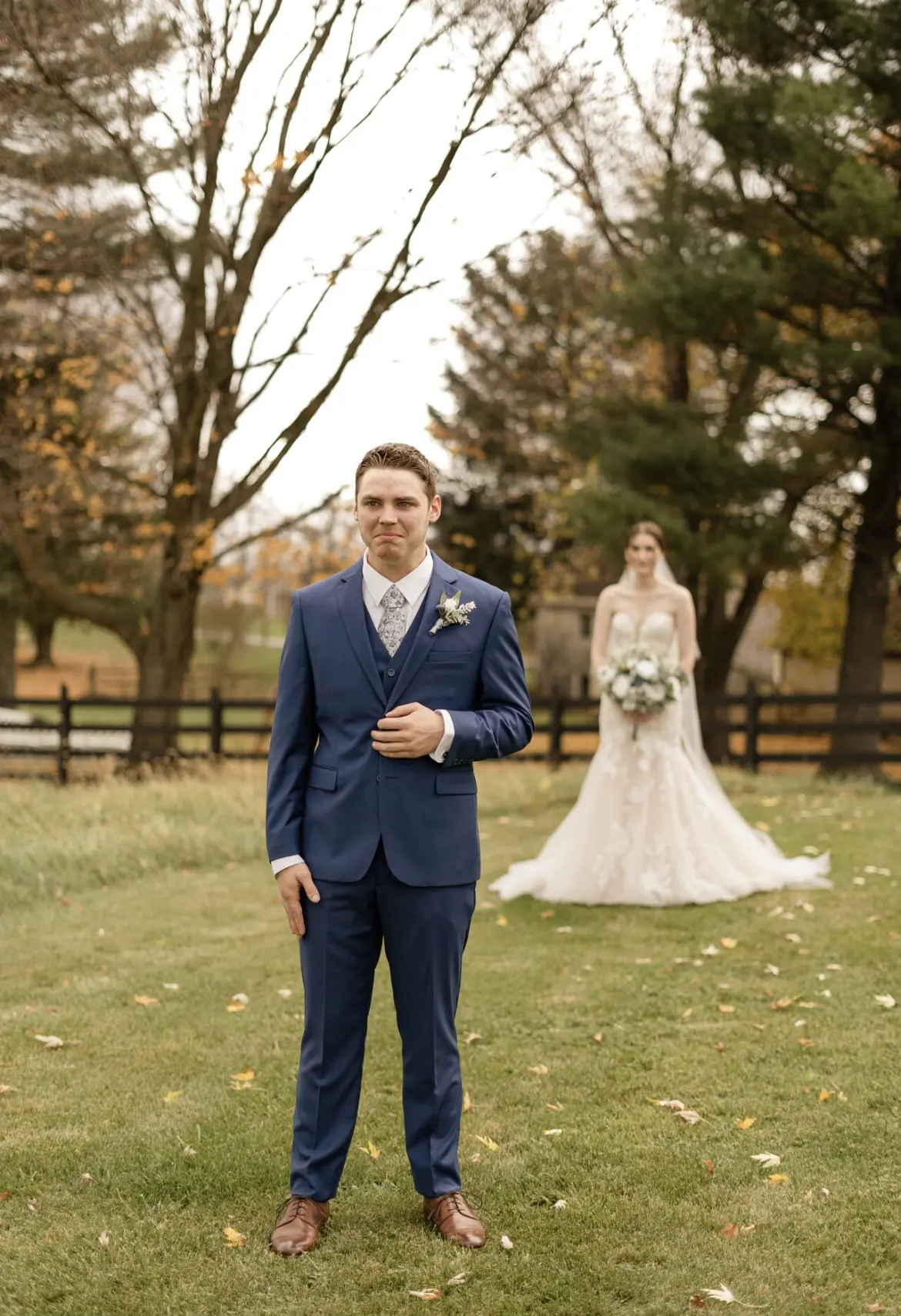 Bride and Groom First Look. Bride Wearing Strapless Mermaid Bridal Gown Called Hattie By Rebecca Ingram