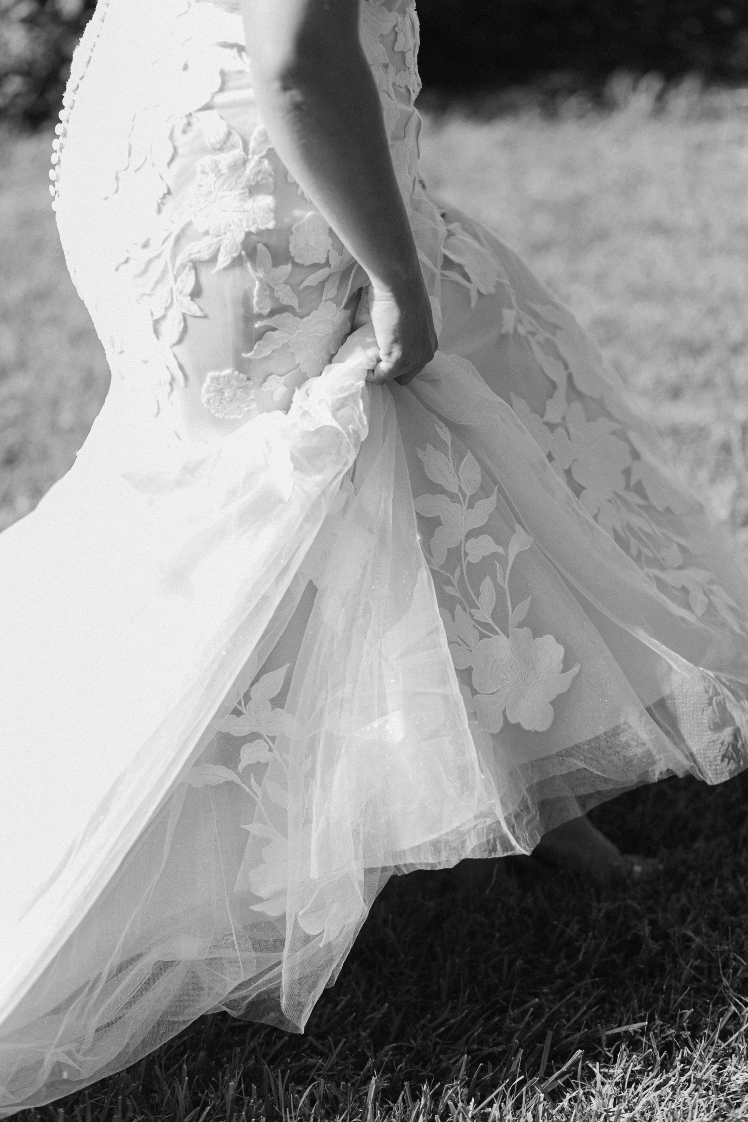 Bride Wearing Lace Mermaid Wedding Gown Called Hattie By Rebecca Ingram Walking