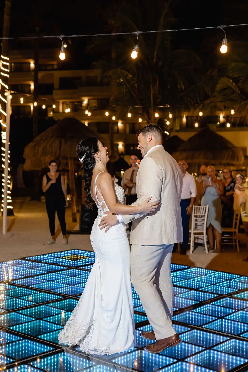Real Bride in Backless Crepe Bridal Gown with Lace Motifs and Beaded Spaghetti Straps Called Baxley by Maggie Sottero