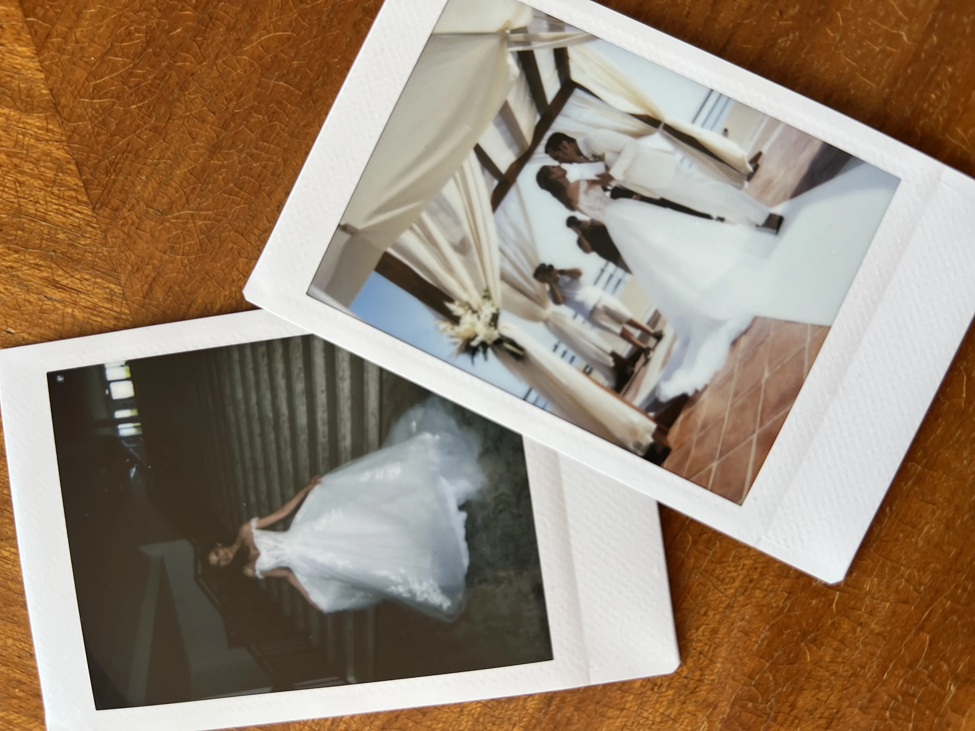 Polaroid Images Of Bride In Off-The-Shoulder Fairytale Wedding Gown Called Harlem By Maggie Sottero