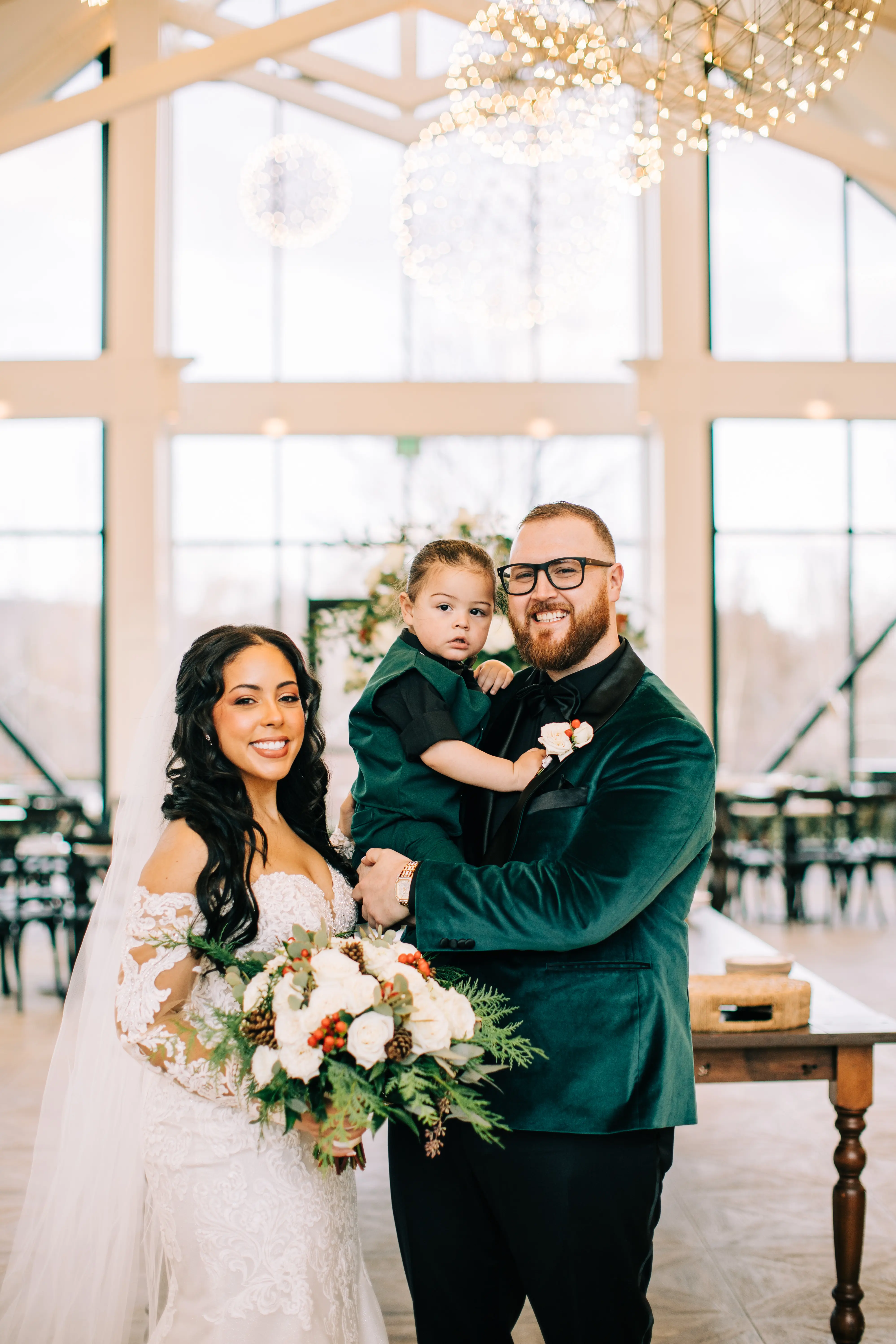 Bride Wearing Sexy Lace Wedding Dress Called Fiona By Maggie Sottero With Their Child