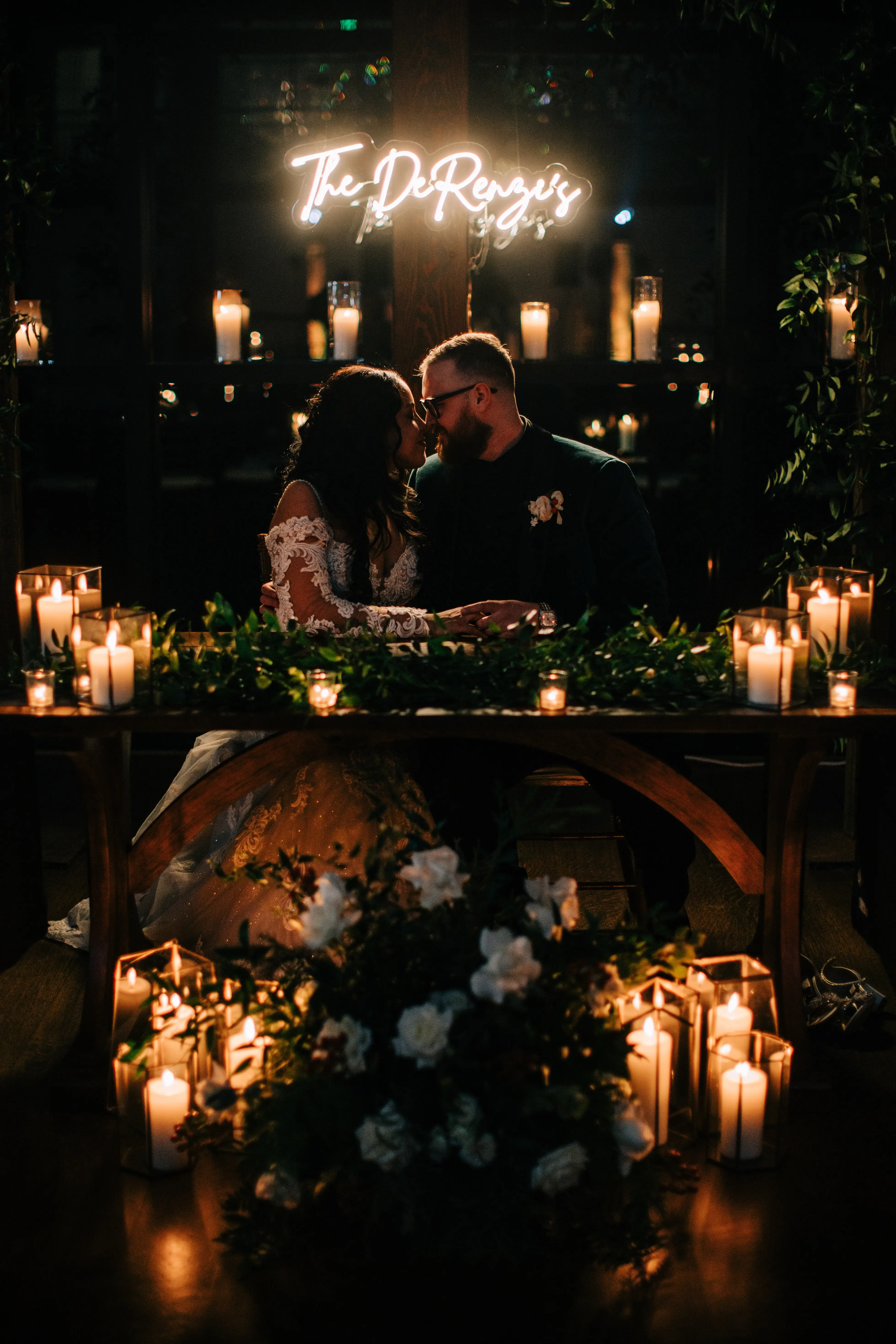 Bride Wearing Sexy Lace Wedding Dress Called Fiona By Maggie Sottero With Groom At A Candle Lit Table