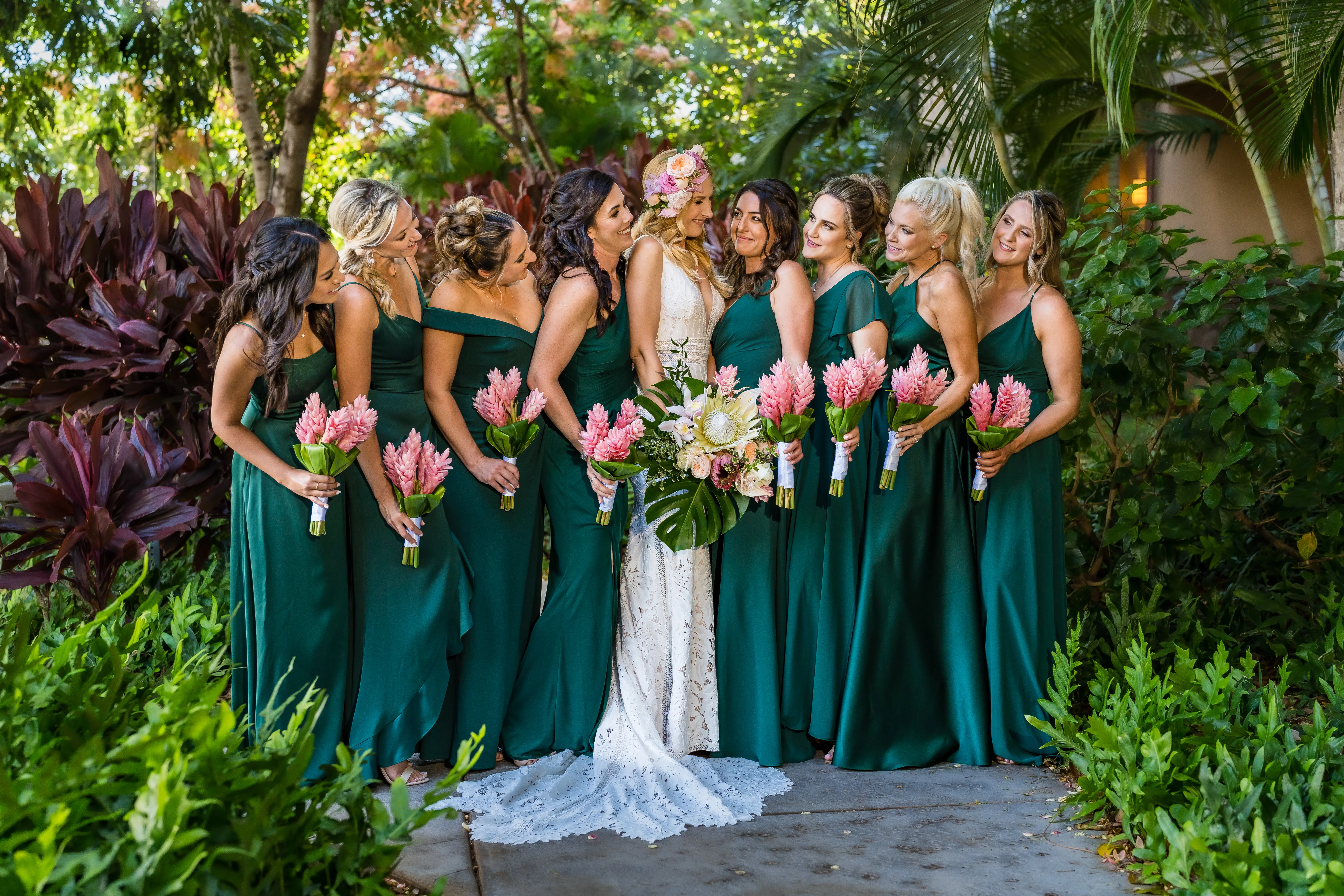Tropical Bride With Wedding Party In Lace Dress Called Burke By Maggie Sottero