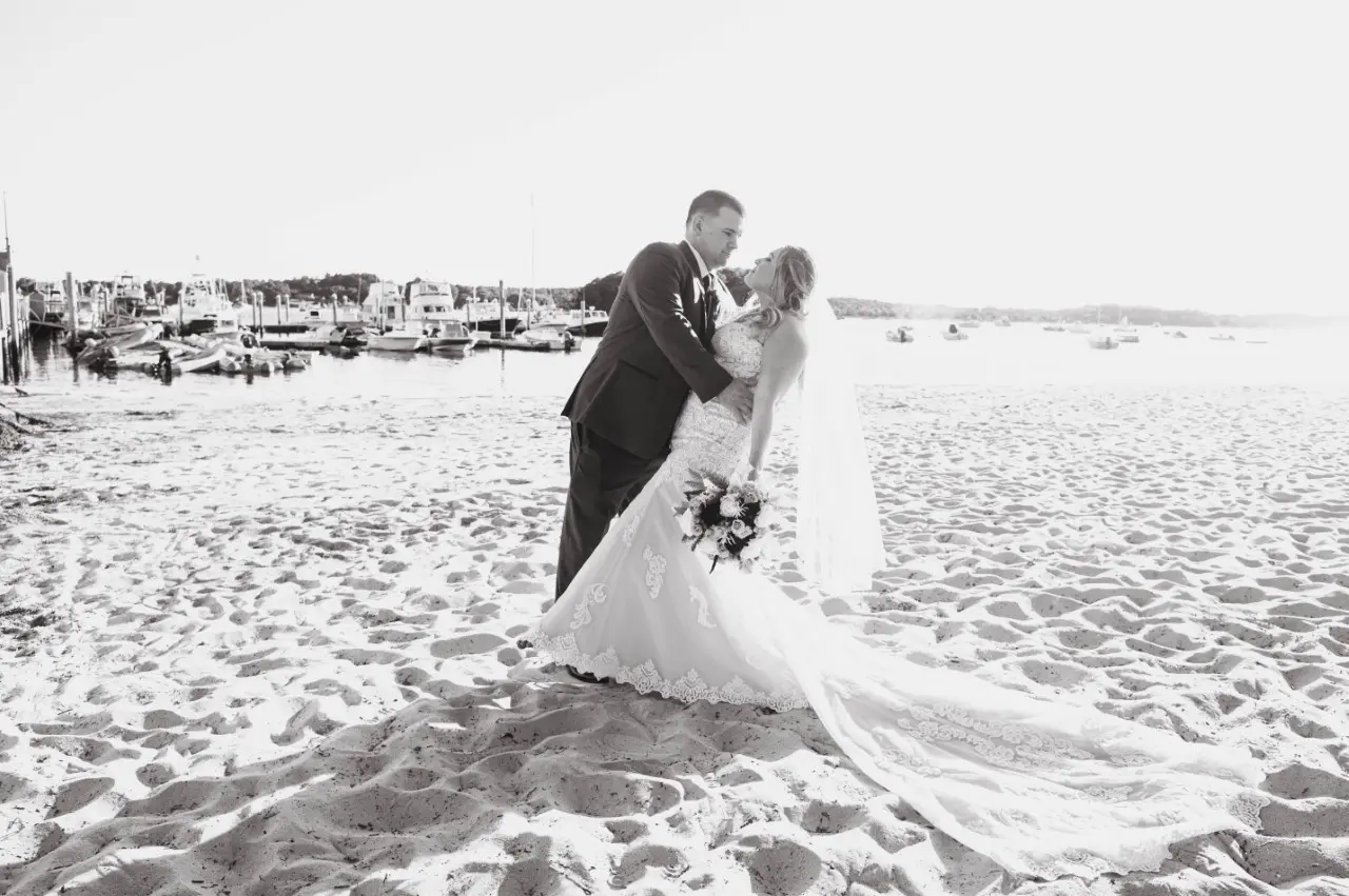 Real Bride in Sparkly Lace Fit-and-Flare Bridal Dress with Plunging Illusion Sweetheart Neckline Called Fiona by Maggie Sottero