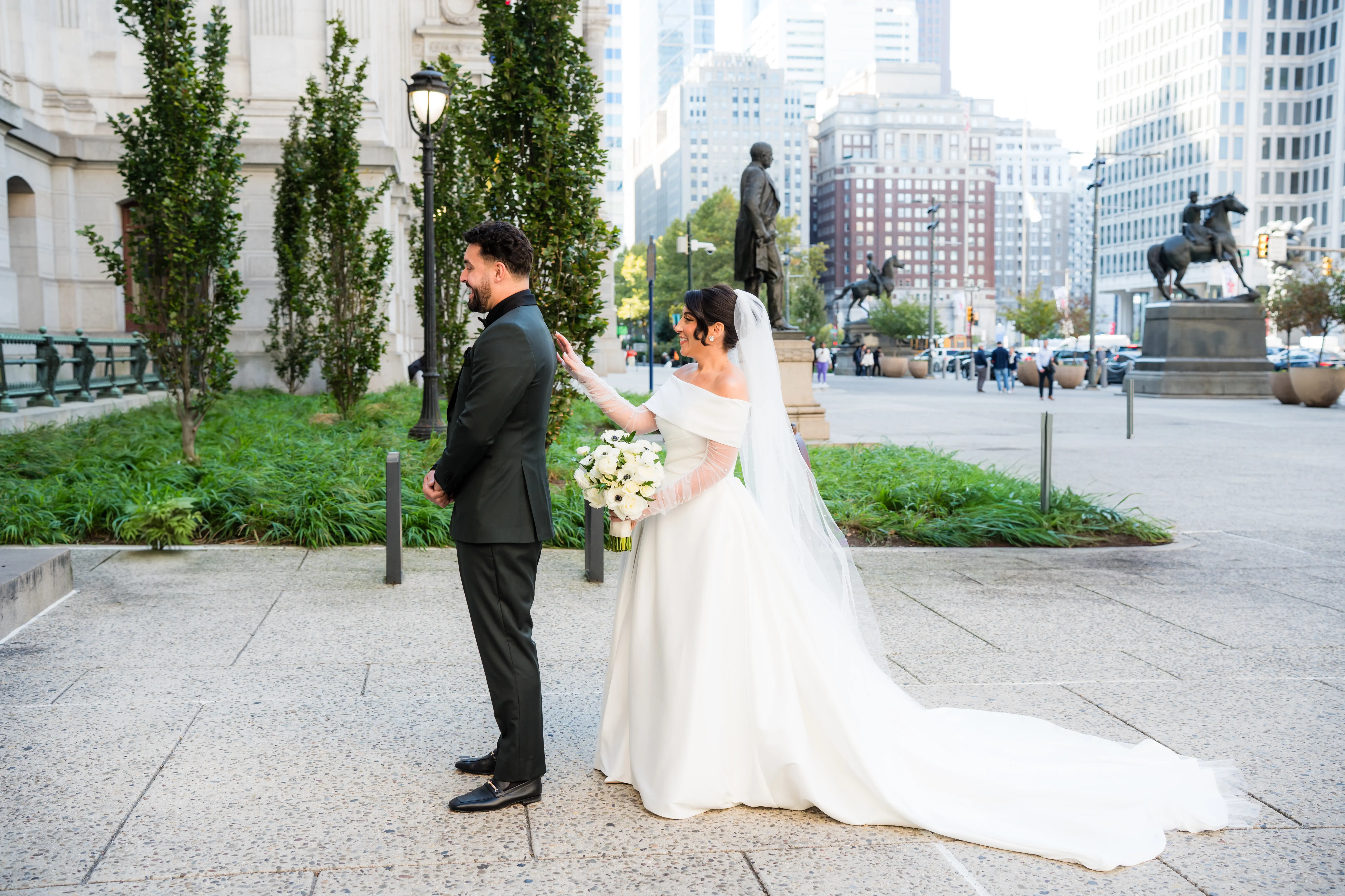 Bride Wearing Modern Ballgown Wedding Dress Called Aspen By Sottero And Midgley With Groom For The First Look