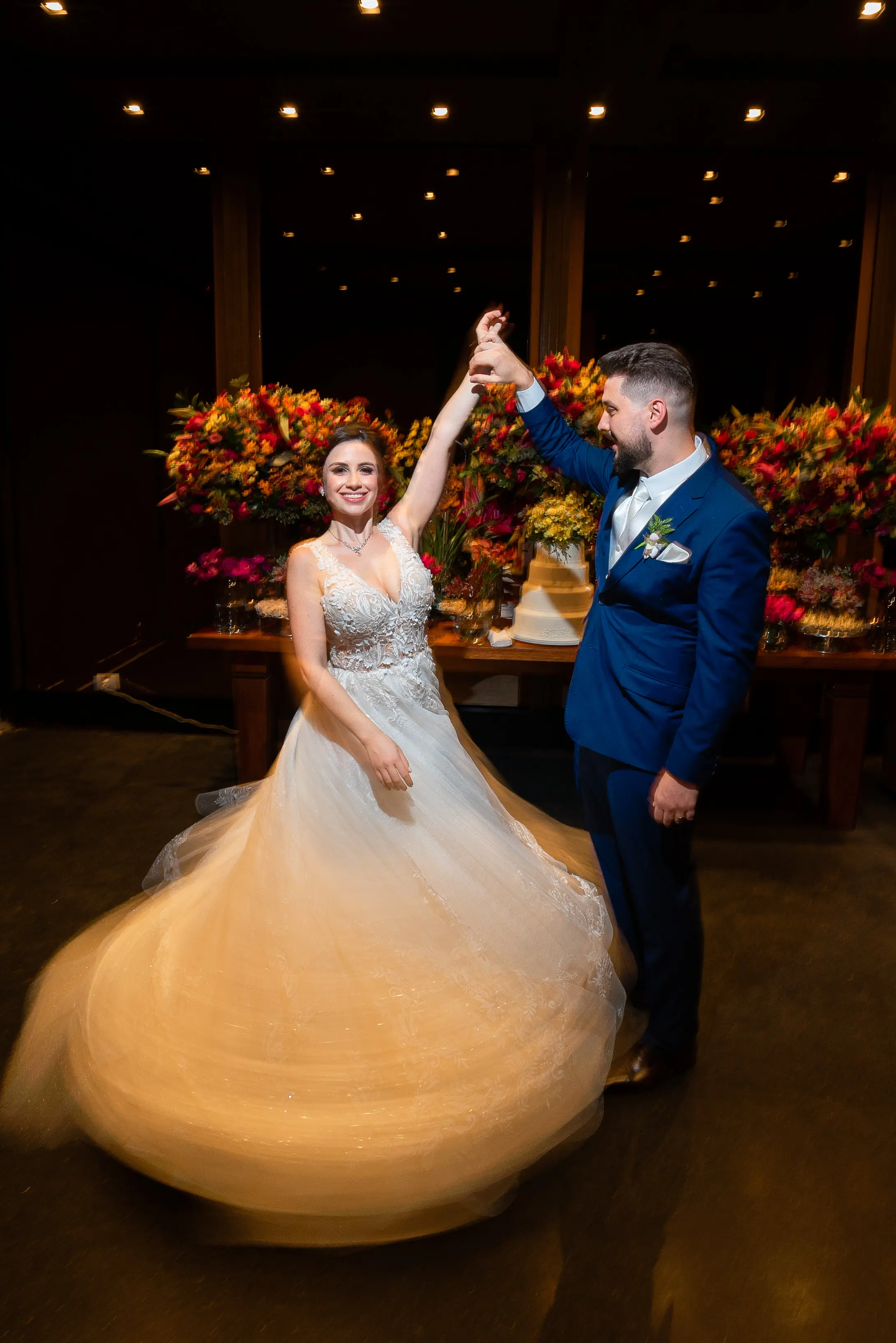Bride Smiling While Wearing Lace A-Line Wedding Dress Called Zander By Sottero And Midgley Dancing With Groom