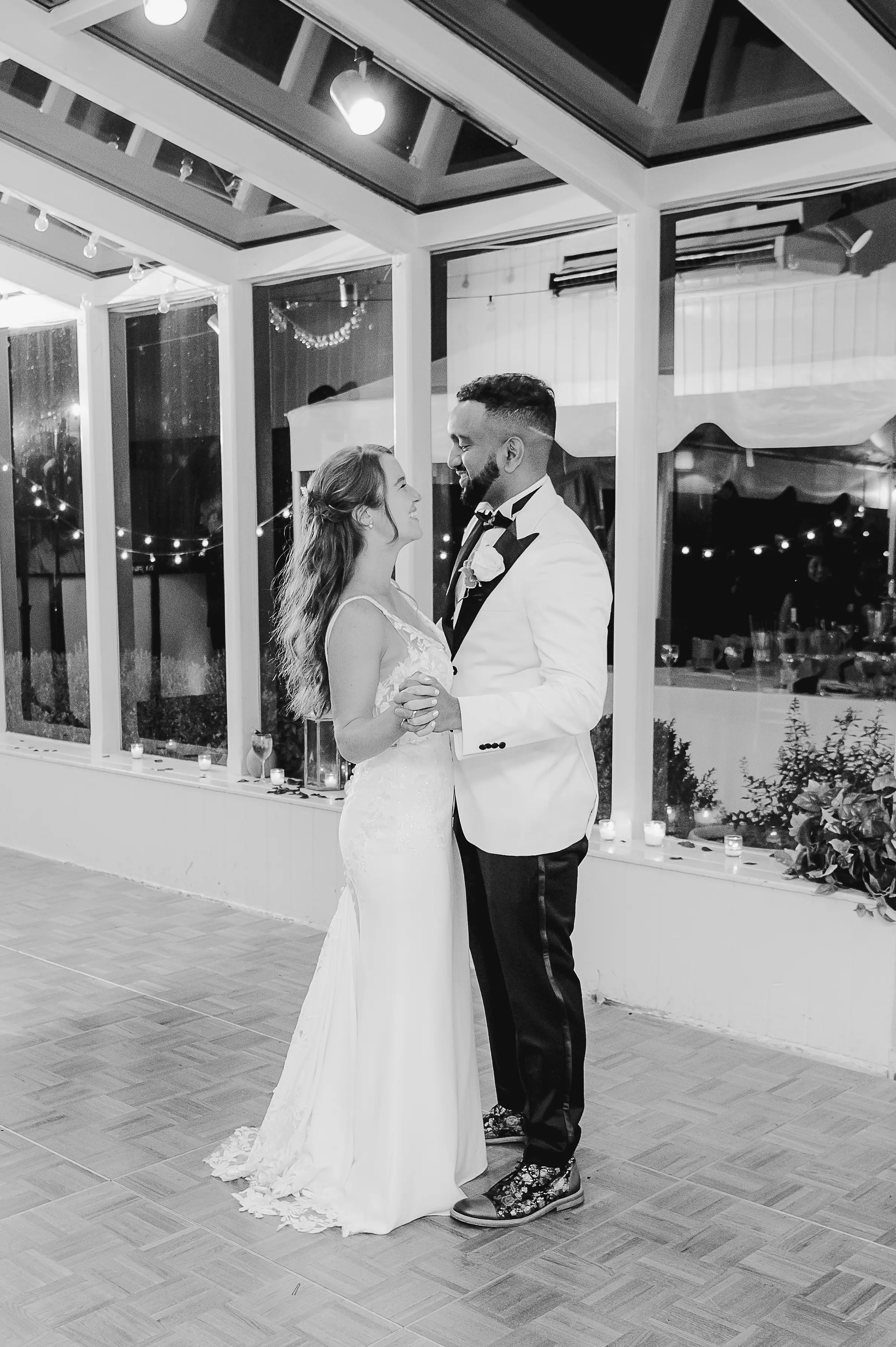 Real Bride in Backless Crepe Wedding Gown with Lace Motifs over a Talin Stretch Crepe Called Baxley by Maggie Sottero