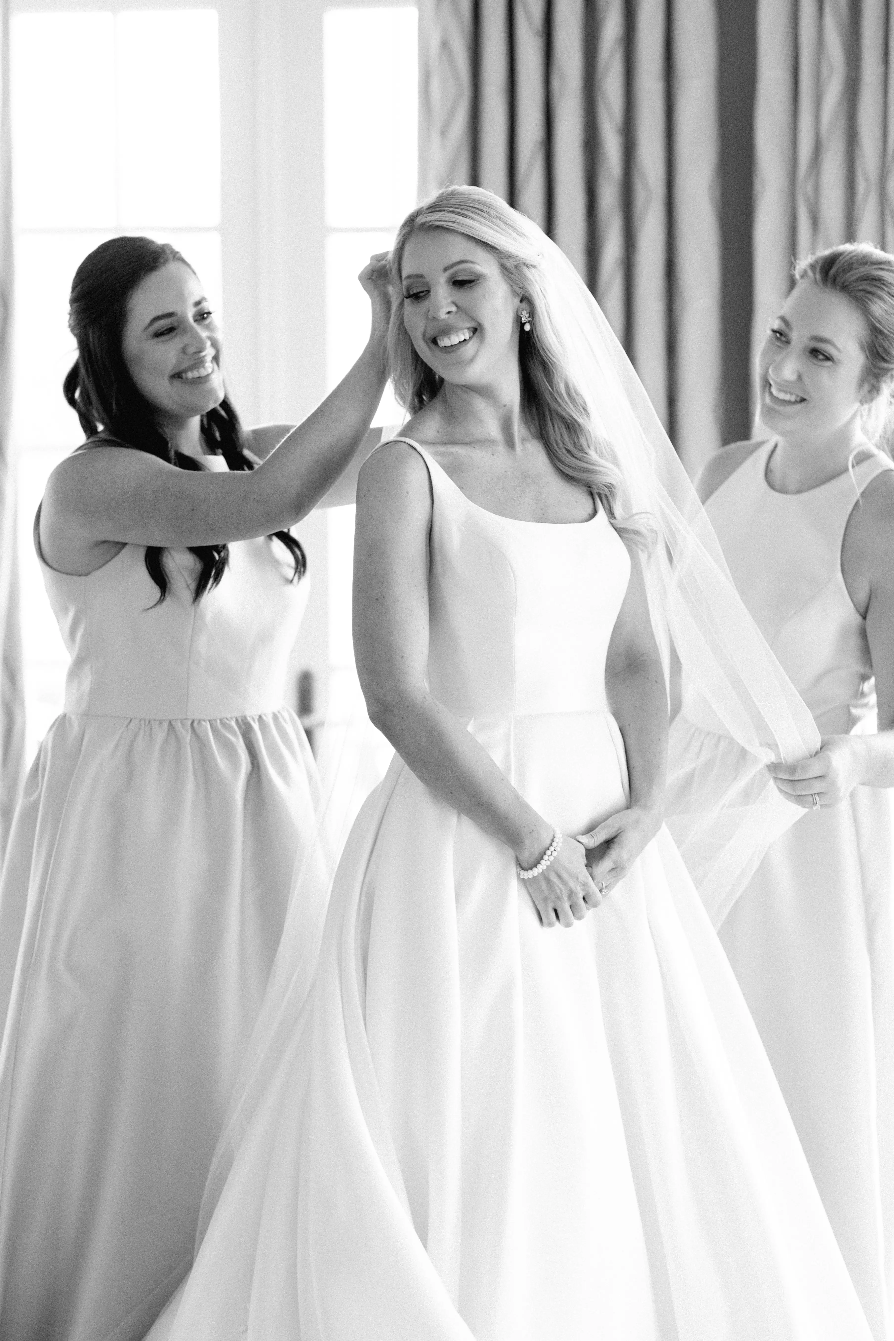 Bride In Satin A-Line Wedding Dress Called Selena By Maggie Sottero With Bridesmaids