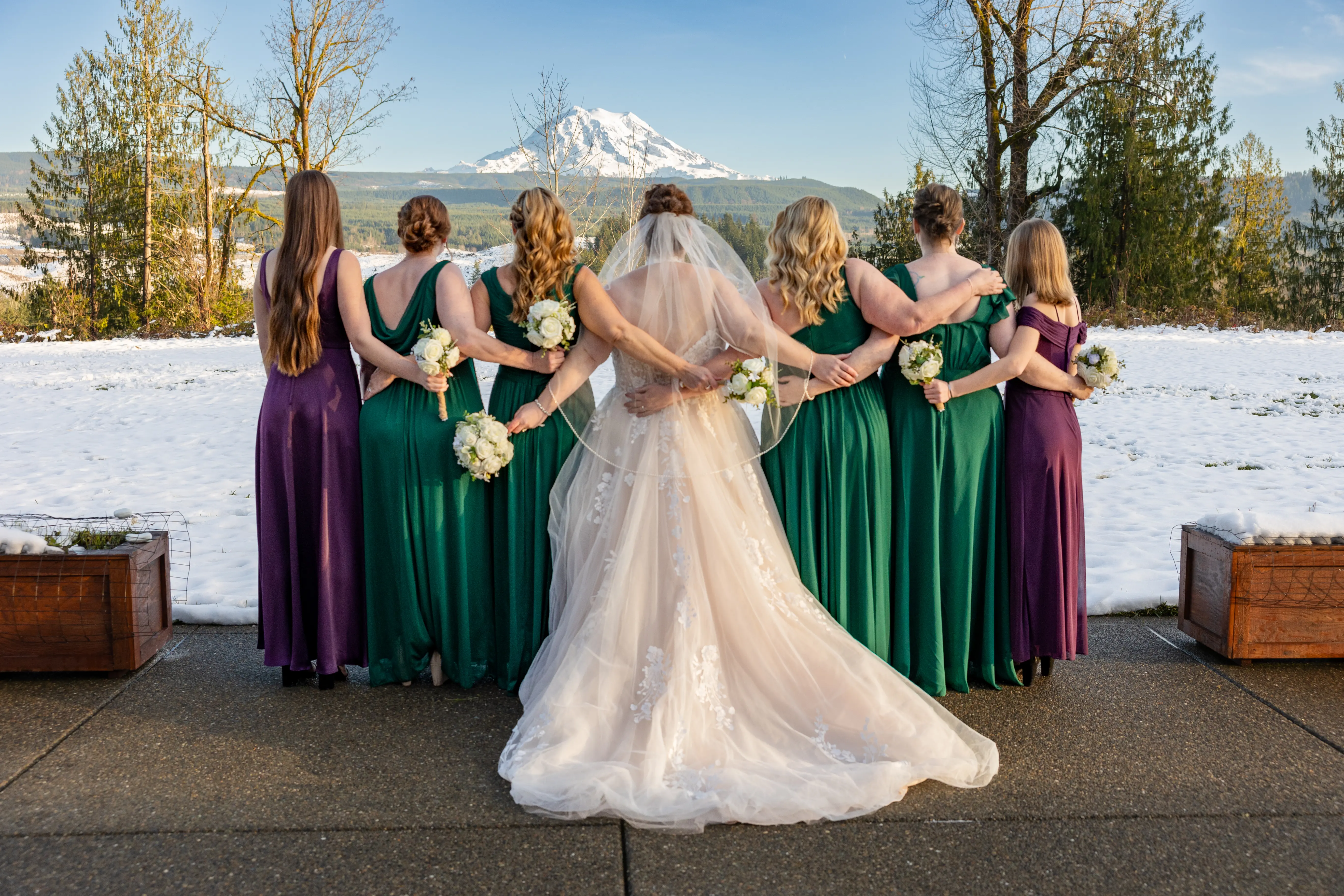 Bride In Ballgown Wedding Dress Called Harlem By Maggie Sottero With Bridal Party In Green And Purple