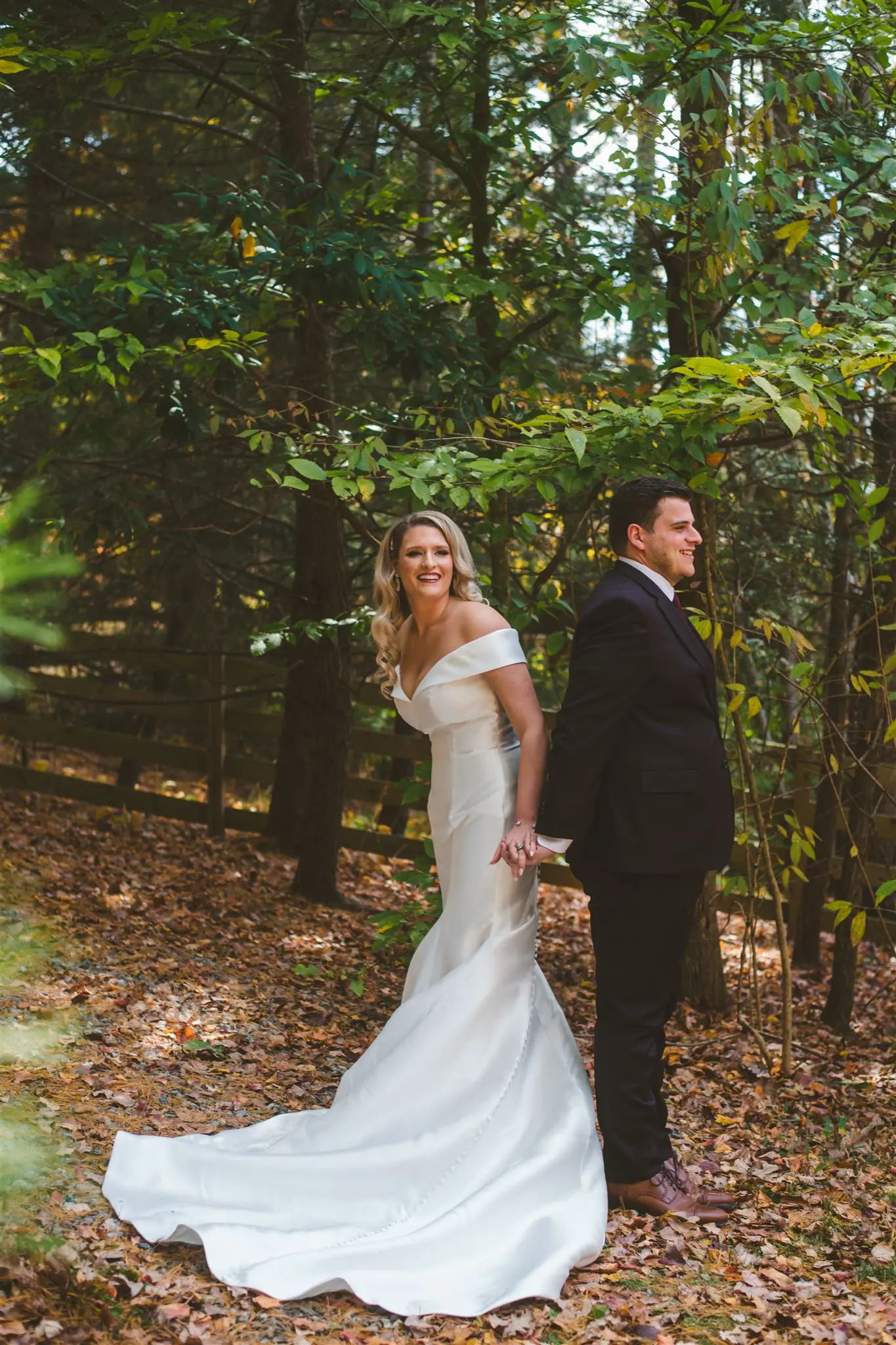 Groom With Bride Wearing Vintage Glamour Off-The-Shoulder Wedding Dress Josie By Rebecca Ingram