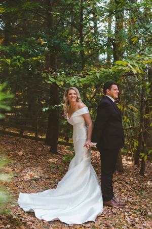 Groom With Bride Wearing Vintage Glamour Off-The-Shoulder Wedding Dress Josie By Rebecca Ingram