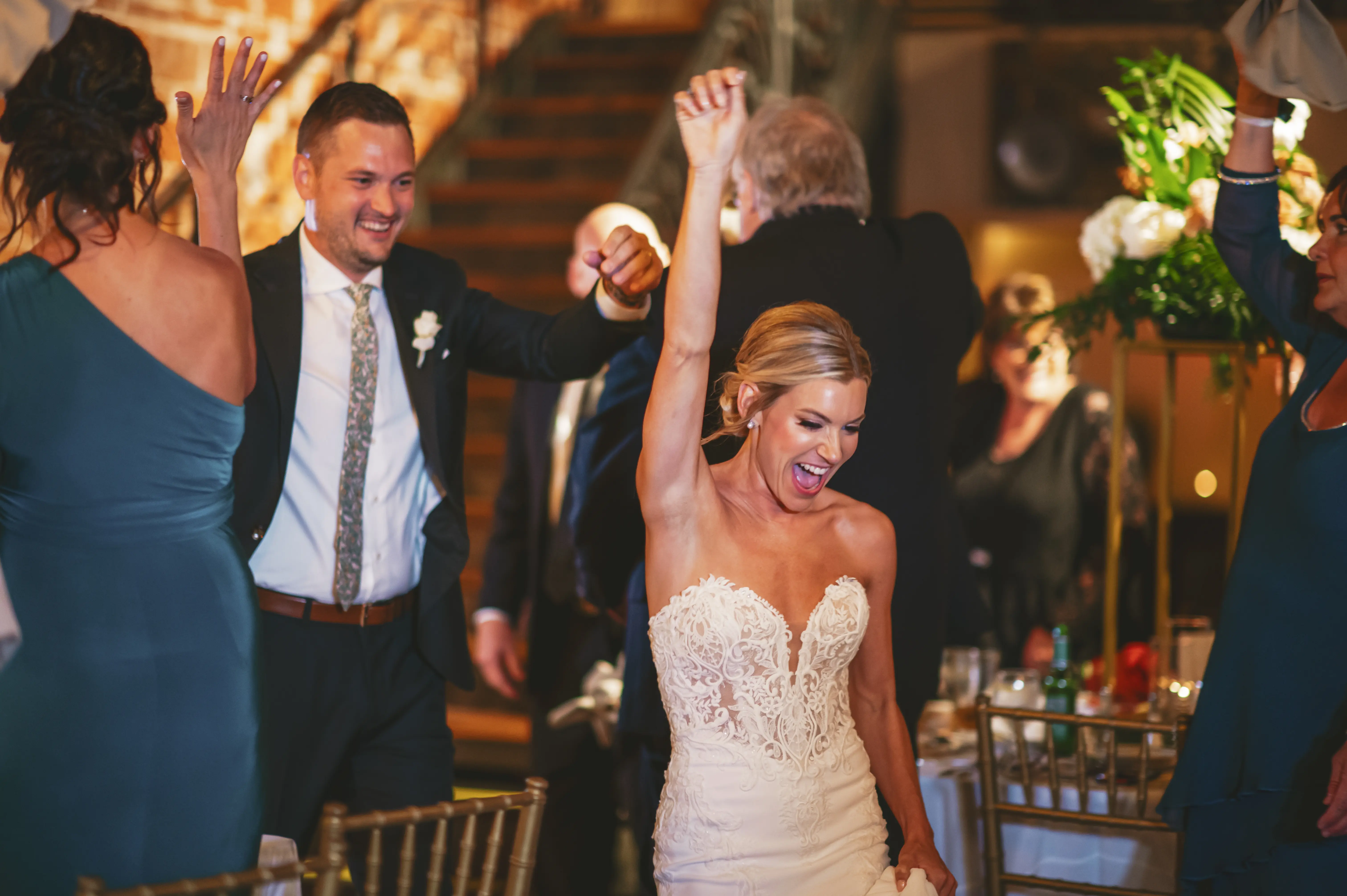 Real Bride in Fit-and-Flare Strapless Chiffon Wedding Gown with Sequined Lace Motifs over Chantilly Lace with Corset Detailing Called Giovannetta by Sottero & Midgley