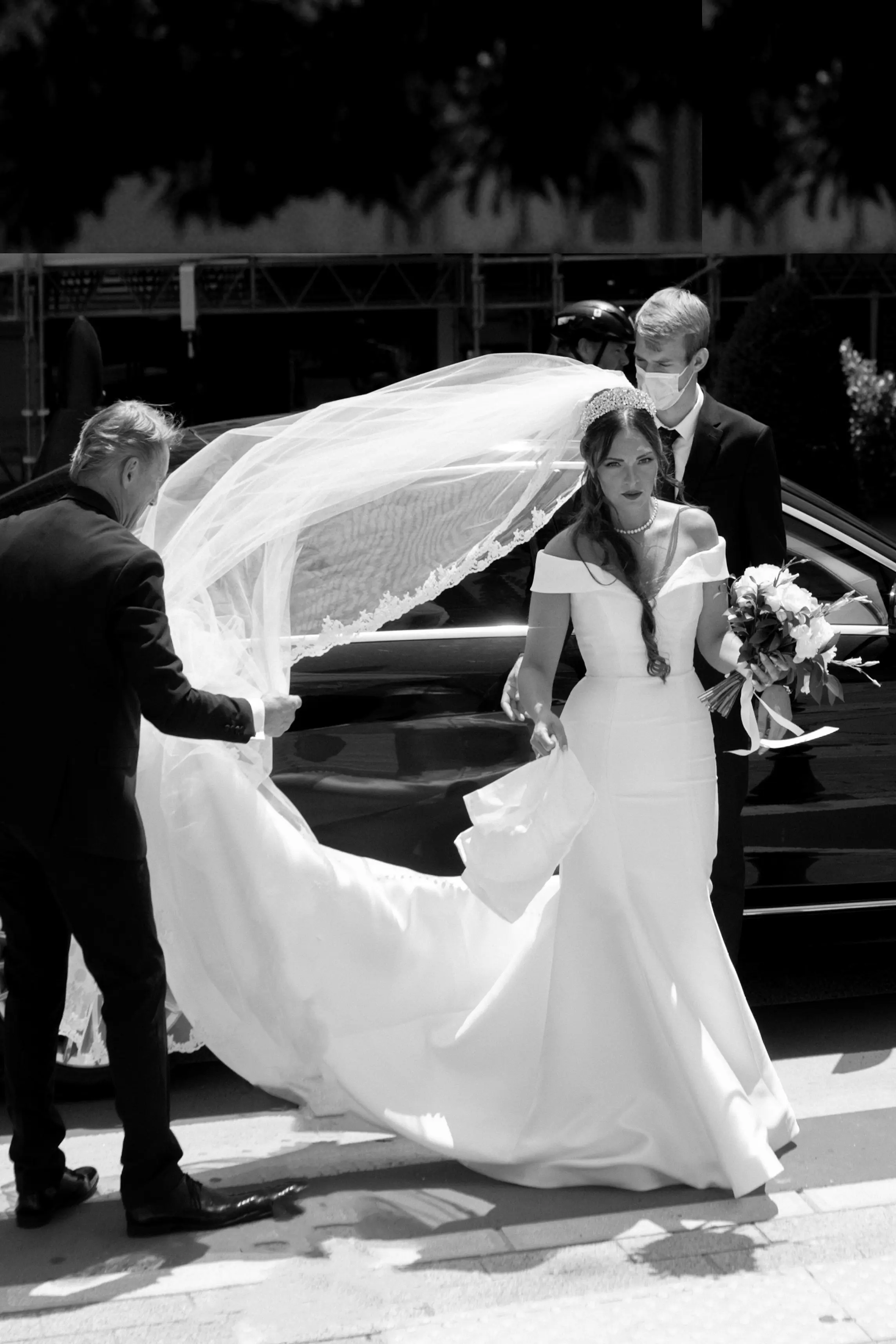 Bride Wearing Simple Off The Shoulder Fit And Flare Wedding Dress Josie By Rebecca Ingram