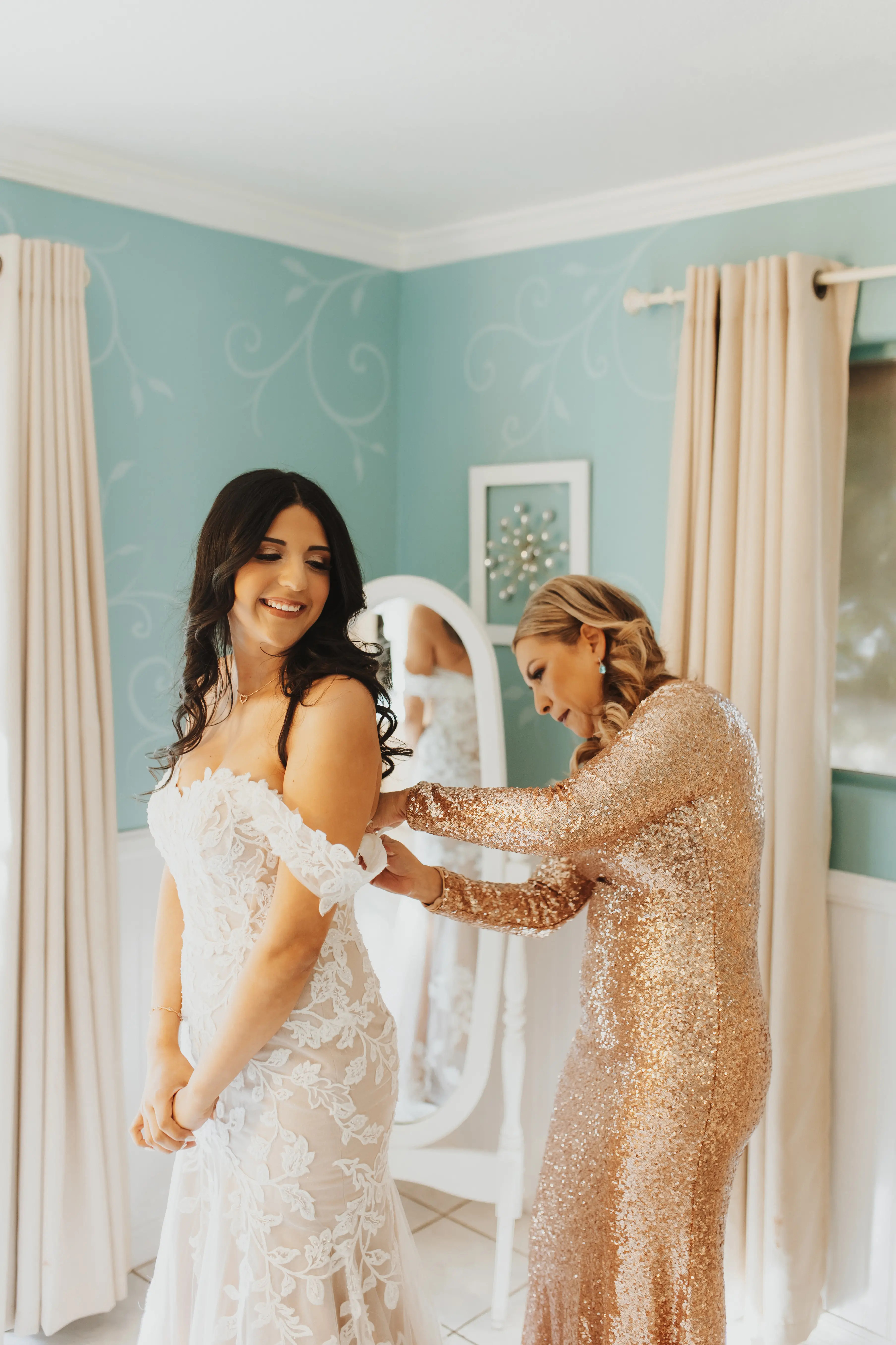 Bride In Blush Fit-And-Flare Wedding Dress Called Ivy By Maggie Sottero With Mother Of The Bride