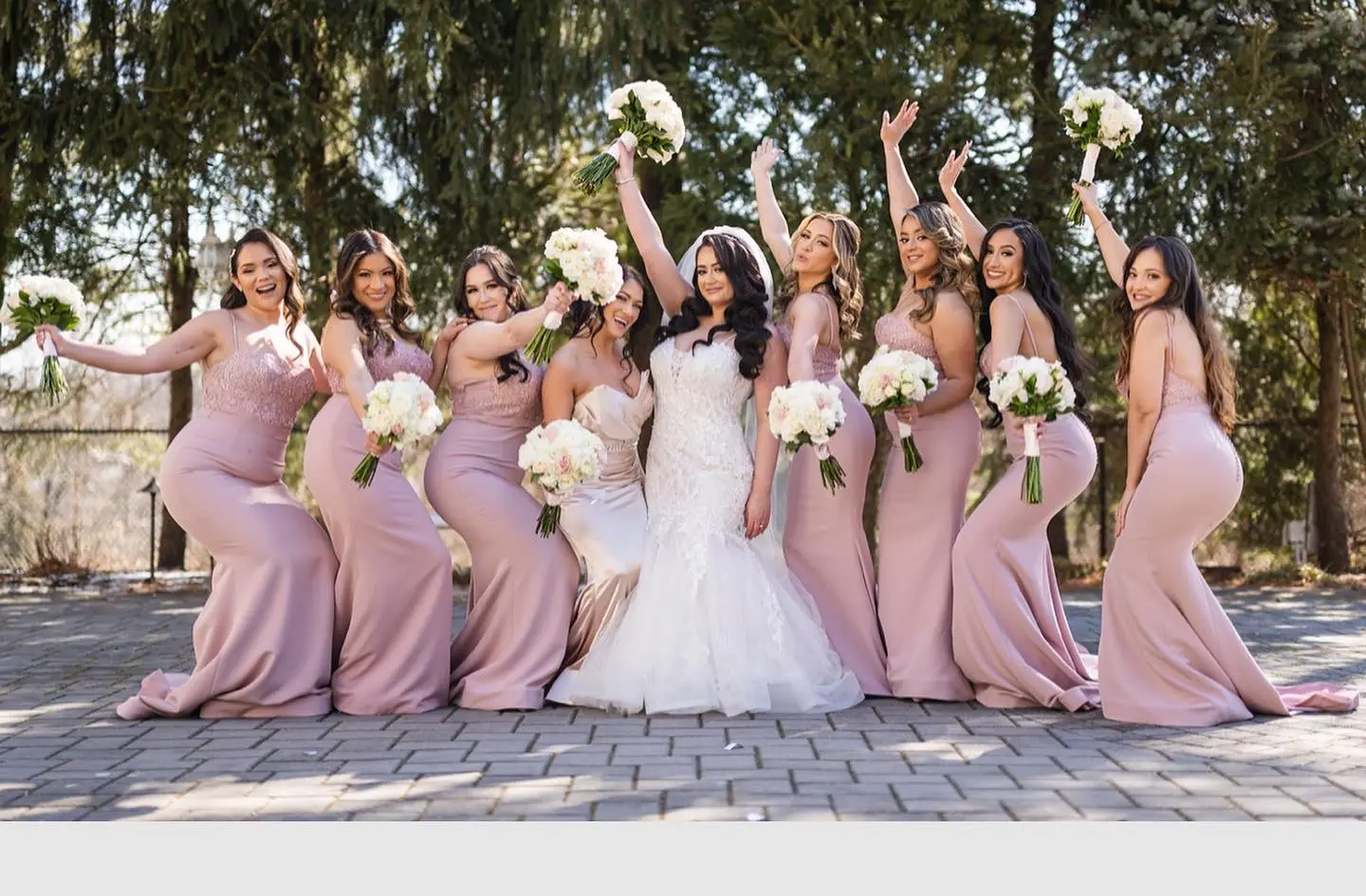 Bridesmaids Cheering With Bride In Glamorous Glitter Tulle and Lace Mermaid Wedding Dress Called Lonnie Lynette By Maggie Sottero