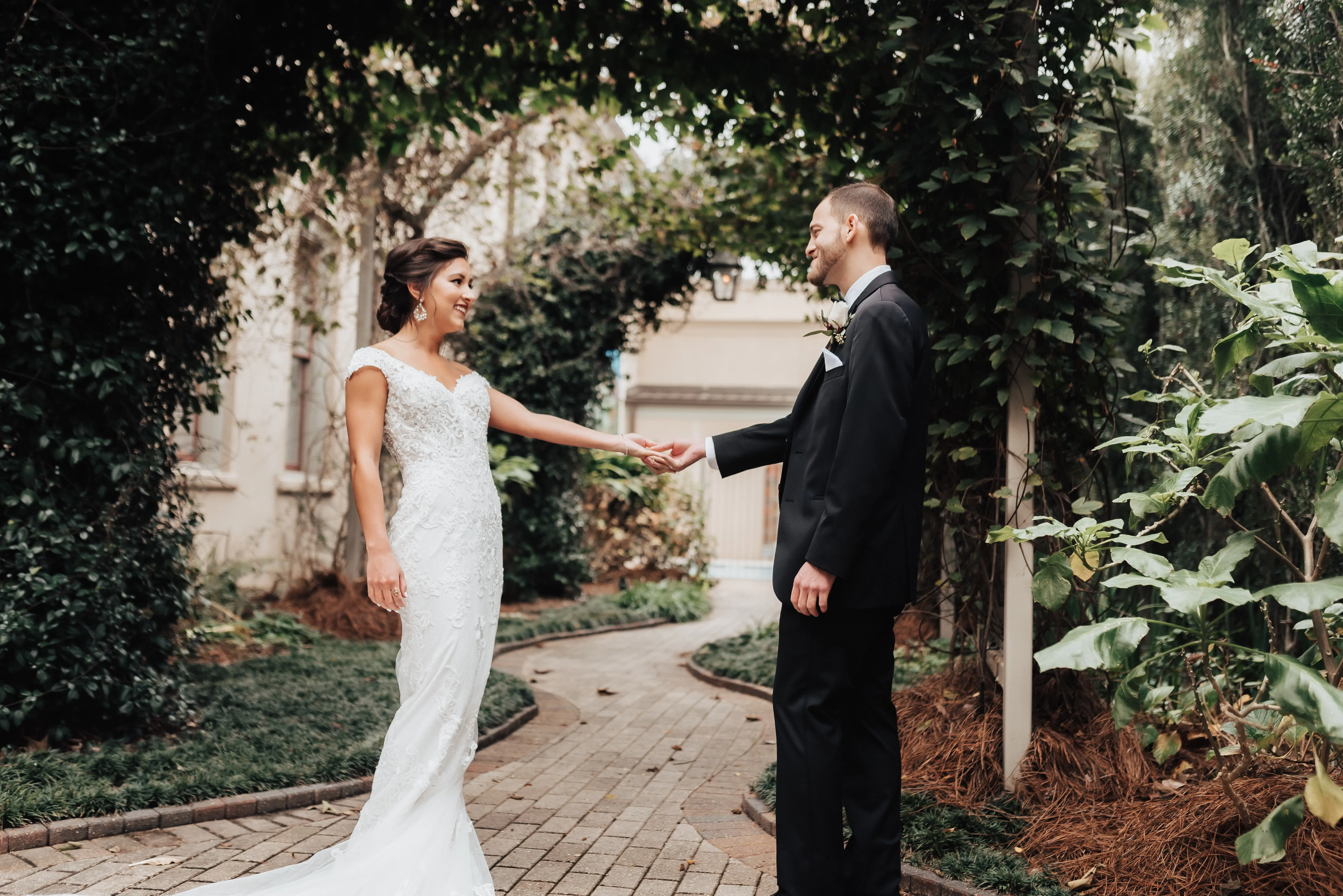 Groom With Bride Wearing Sheath Lace Wedding Dress Celeste By Maggie Sottero