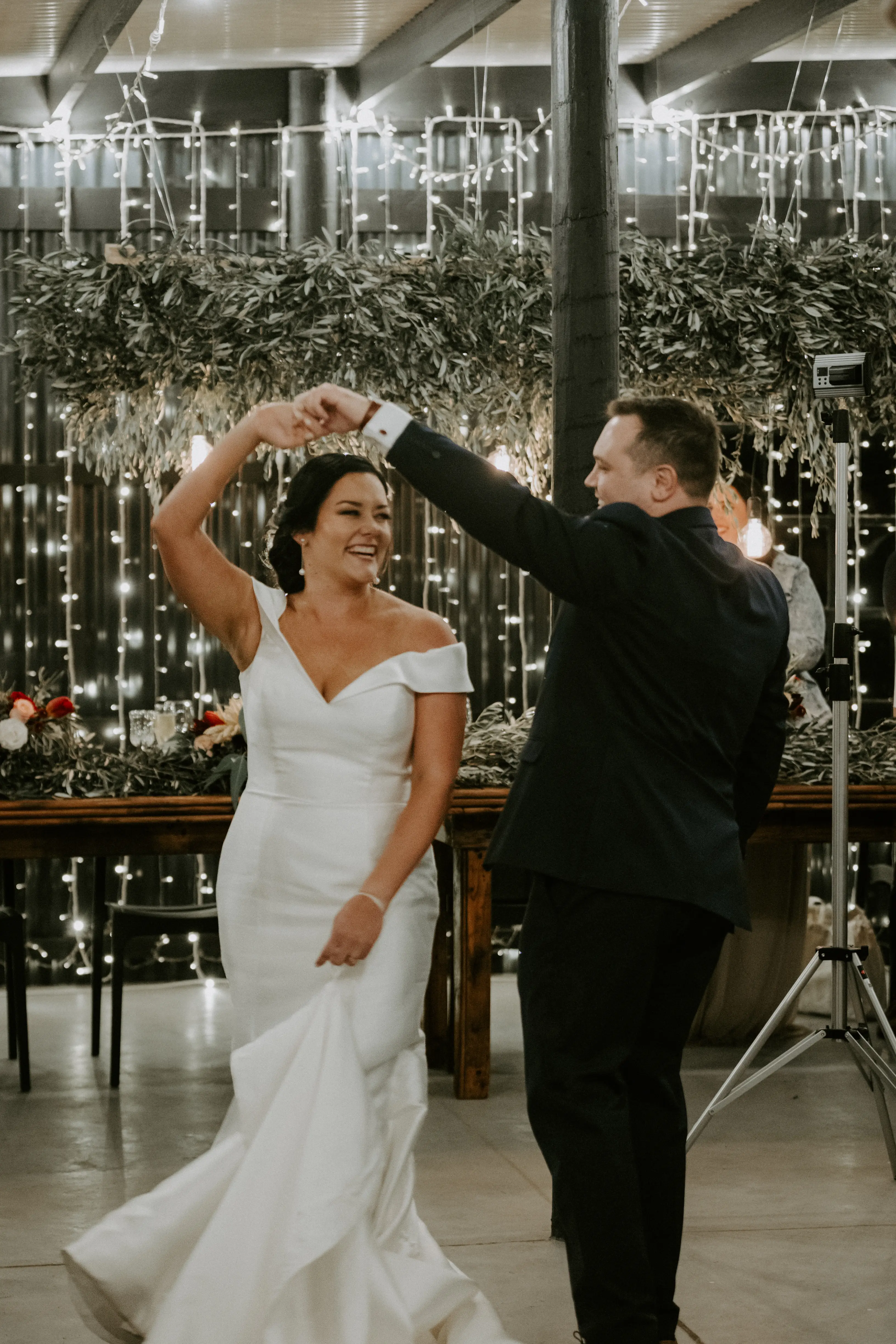 Groom With Bride Wearing Vintage Off The Shoulder Fit-And-Flare Wedding Dress Josie By Rebecca Ingram