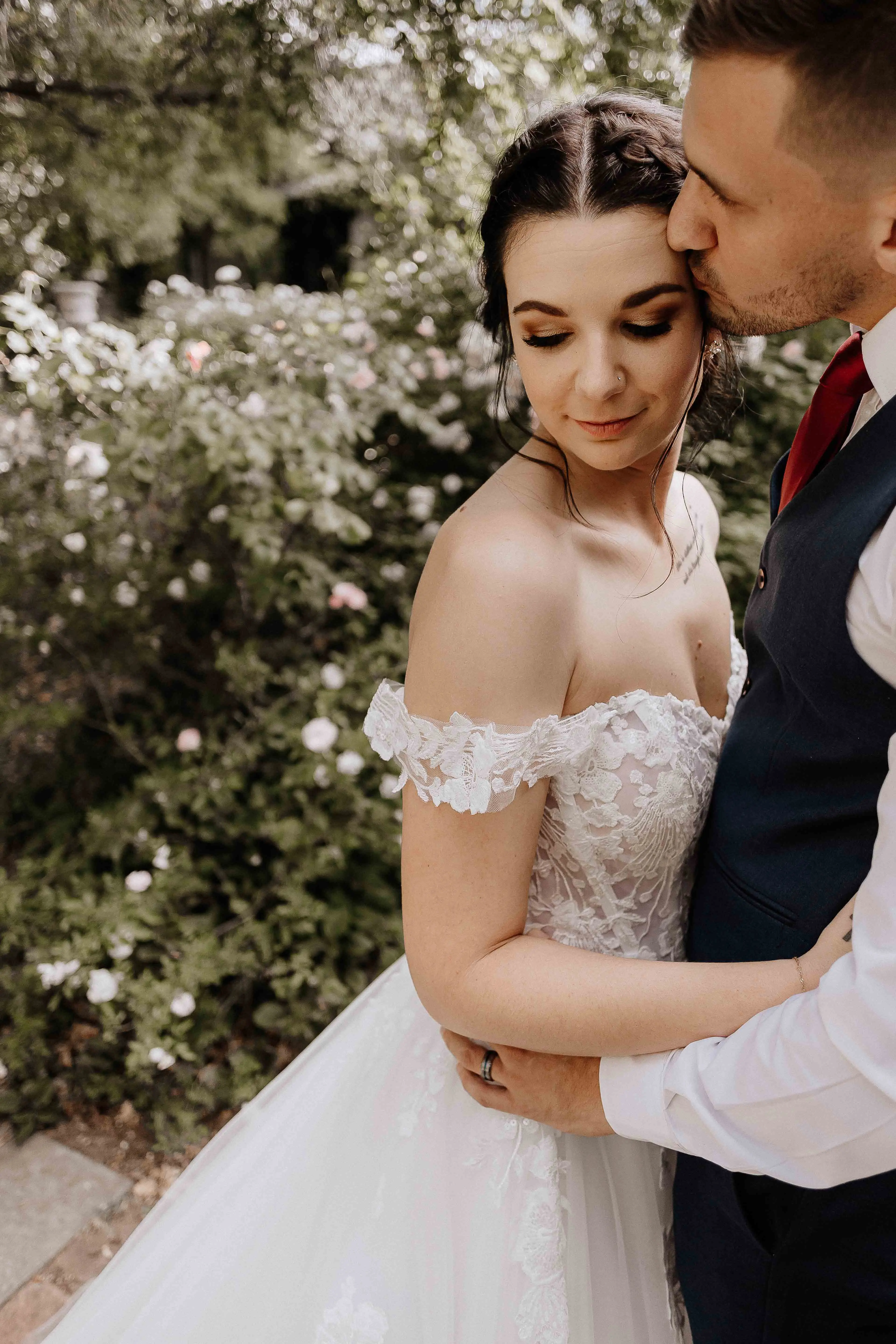 Bride In Lace Wedding Dress Called Harlem By Maggie Sottero With Groom