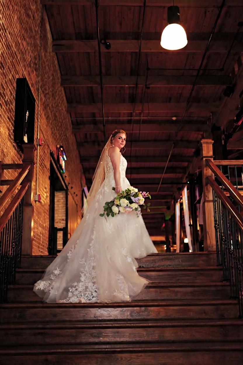 Bride Wearing Lace Aline Wedding Dress Called Rickie By Maggie Sottero Walking Up Rustic Stairs