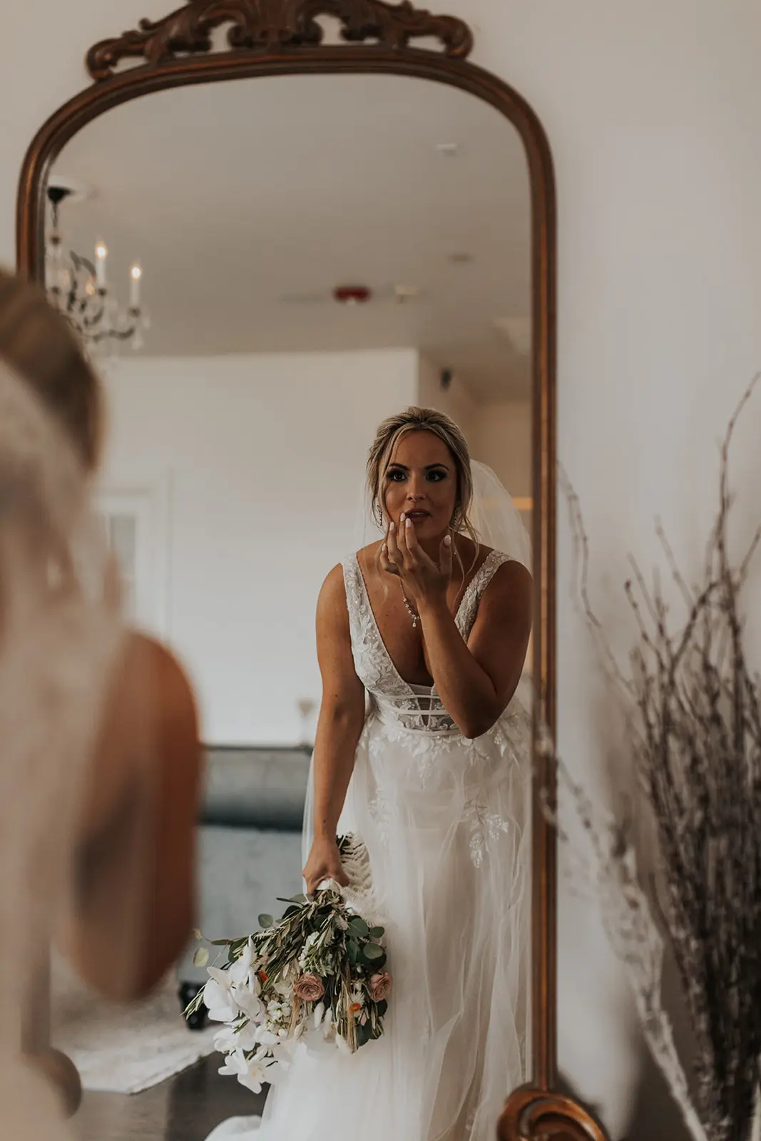 Bride In Lace Backless Wedding Dress Called Raelynn By Rebecca Ingram