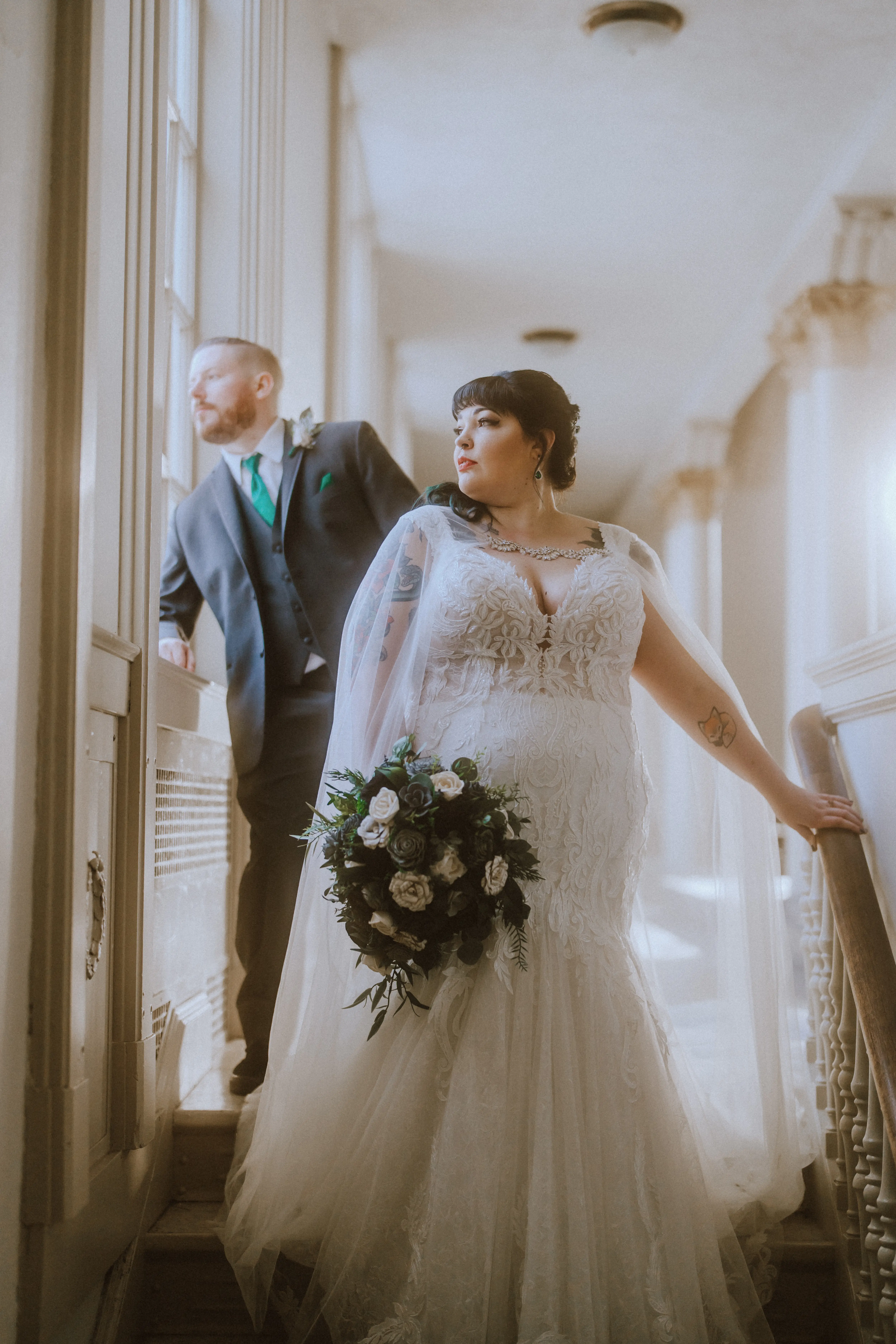 Real Bride in Cap-Sleeve Mermaid Wedding Dress with Lace Motifs and eep V-Neckline Called Joss by Sottero & Midgley