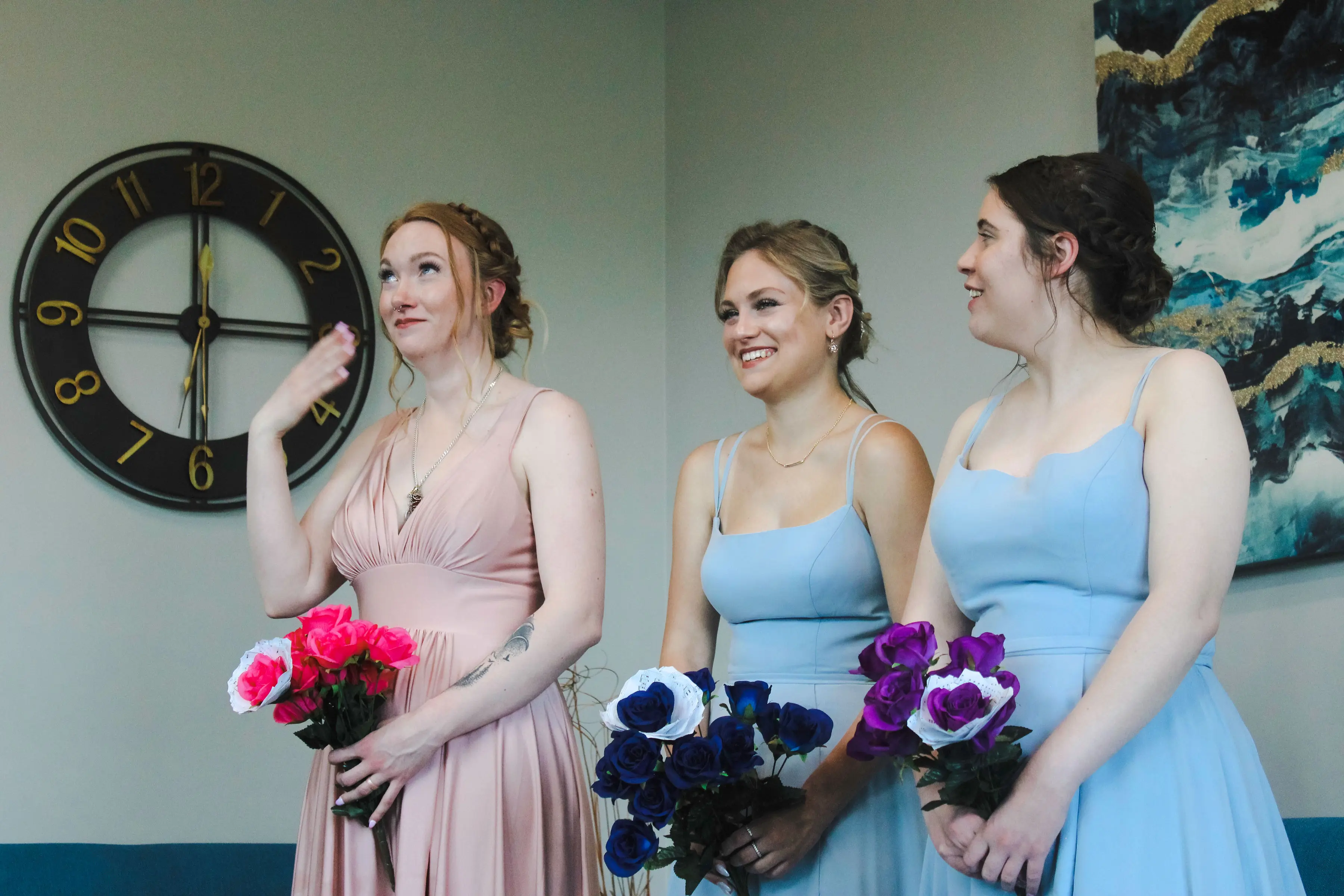 Bride In Floral Mermaid Hattie Rebecca Ingram With Bridesmaids Pink and Blue