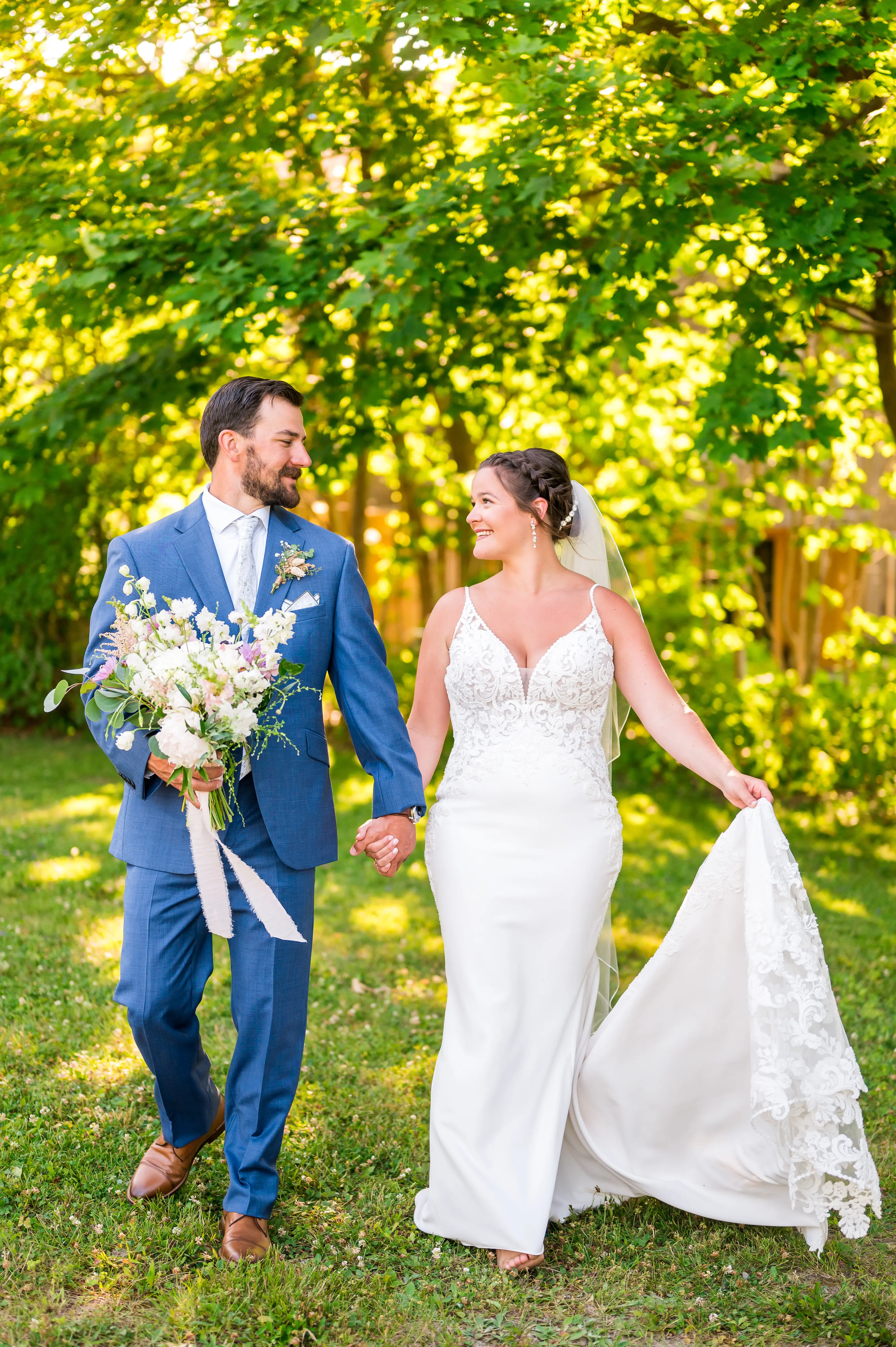 Groom With Bride Wearing Lace Spaghetti Strap Mermaid Wedding Dress Nikki By Maggie Sottero