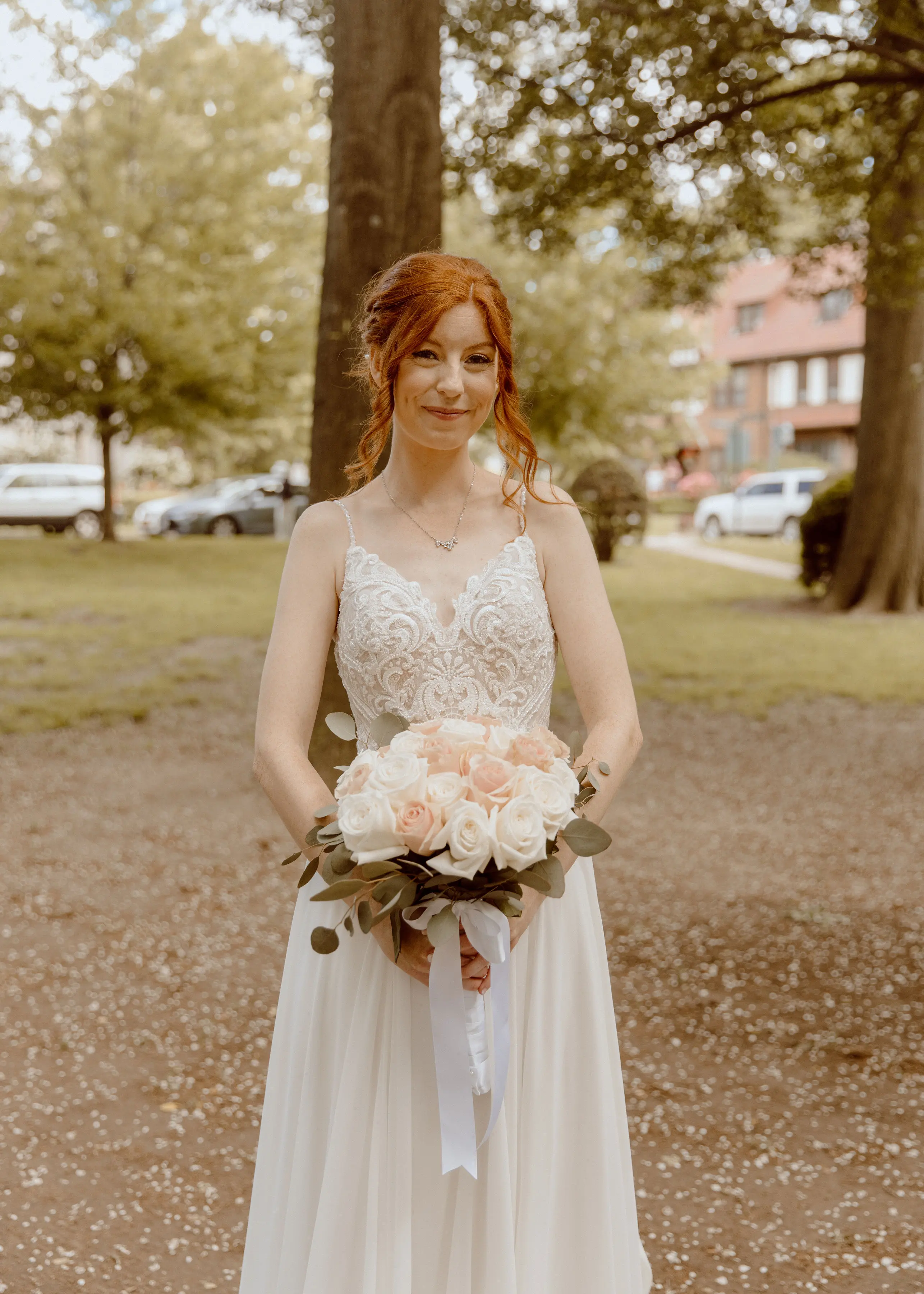 Bride Wearing Boho Sheath Wedding Dress Called Lorraine By Rebecca Ingram