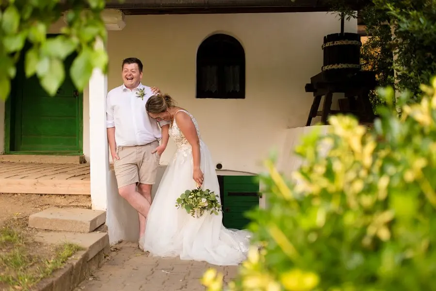 Bride In V-neck A-line Minerva Rebecca Ingram With Groom
