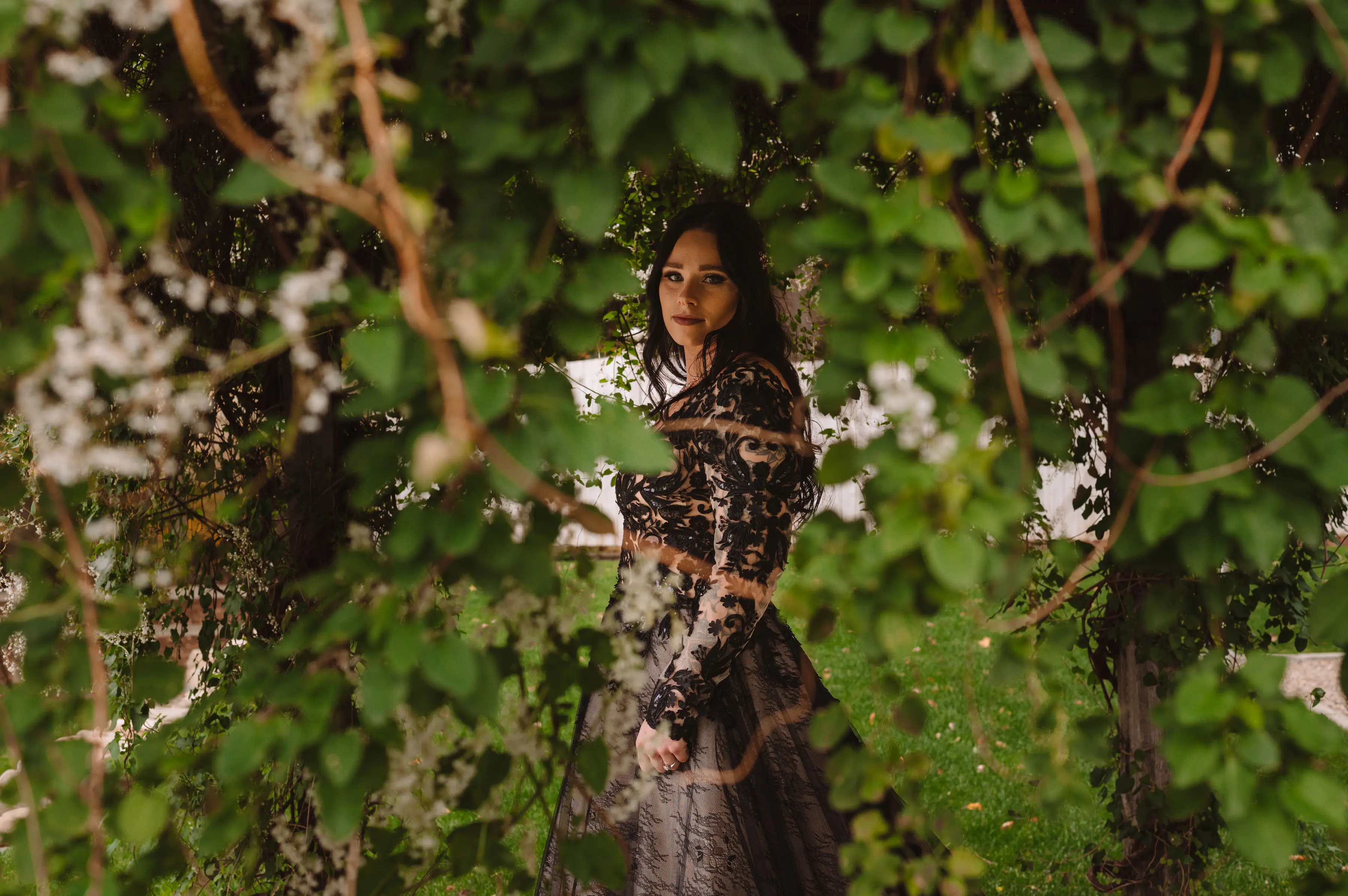 Bride Wearing Black Lace Wedding Dress Called Zander By Sottero And Midgley In Foliage