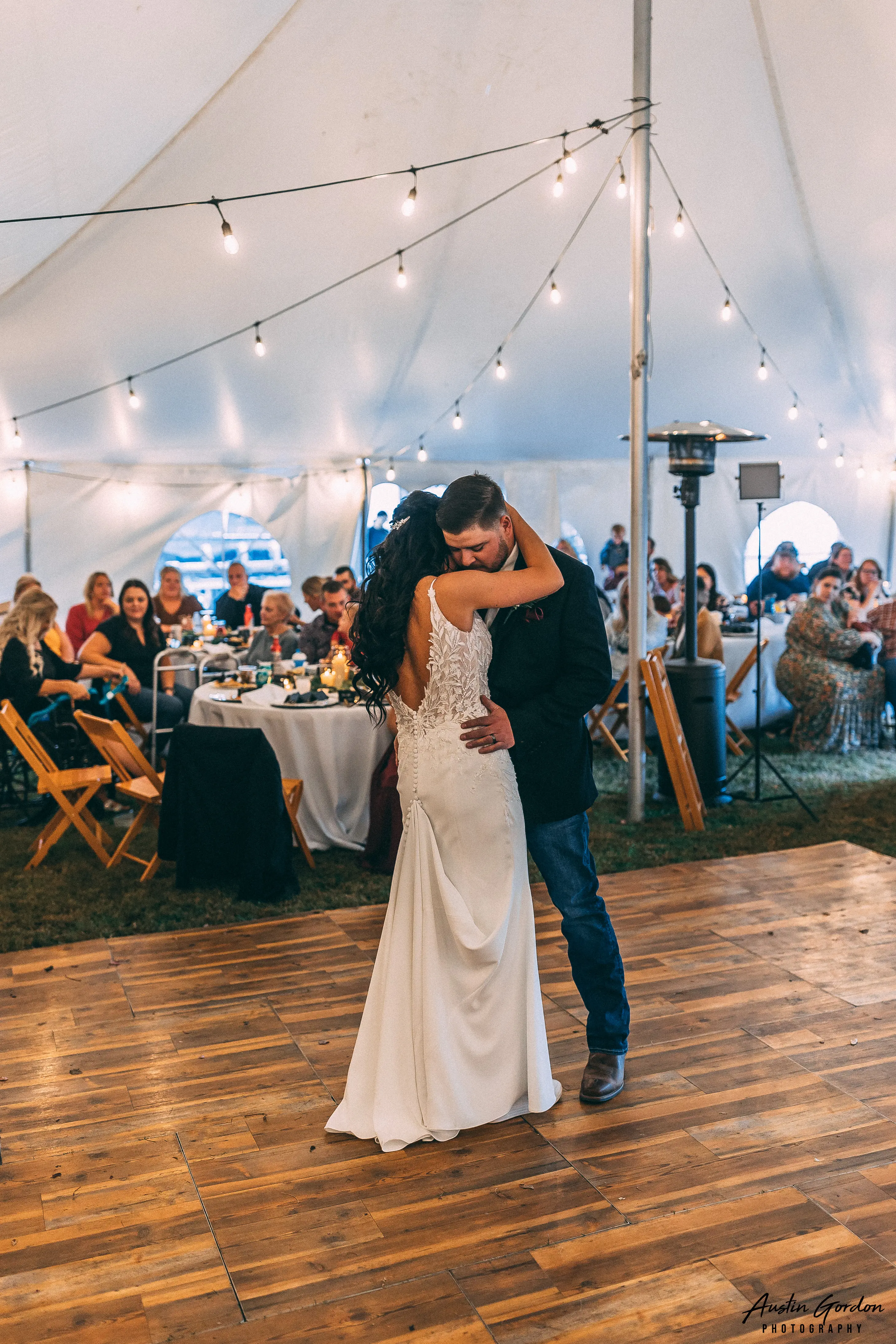 Bride Wearing Crepe Sheath Wedding Dress Called Alda By Rebecca Ingram Dancing With Groom