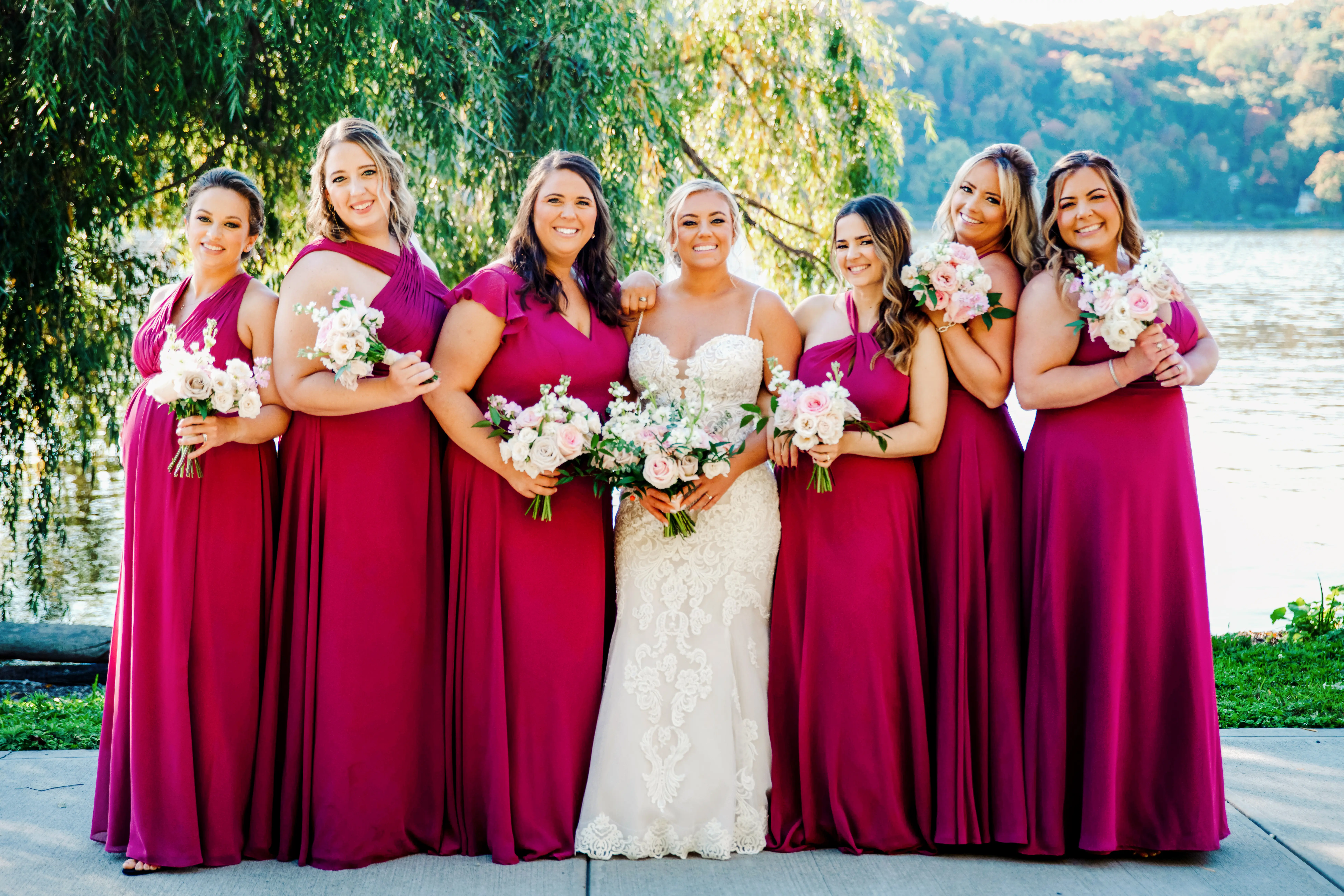 Bride In Spaghetti Straps Sparkle Straps Fiona Maggie Sottero With Bridesmaid in Red