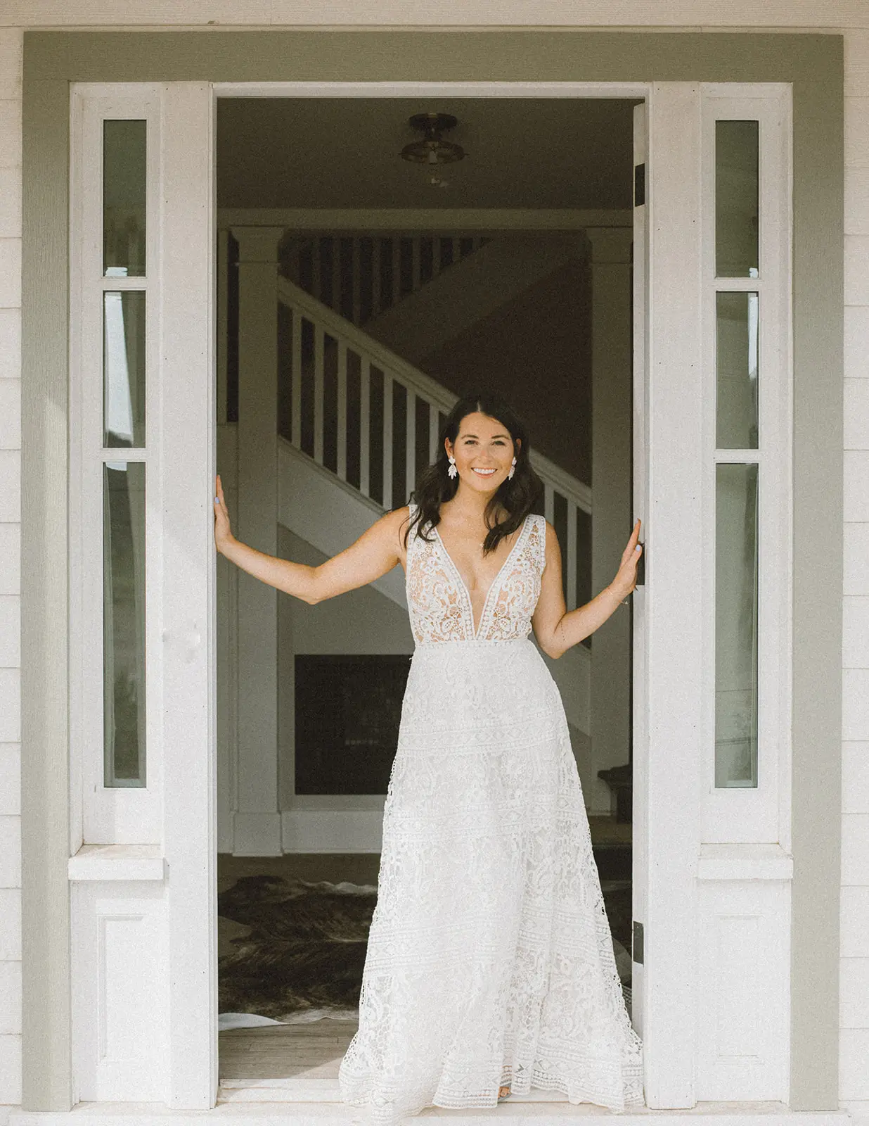 Bride in Vintage A-Line Wedding Dress with Allover Lace and Nude Underlay Called Finley Dawn by Sottero & Midgley