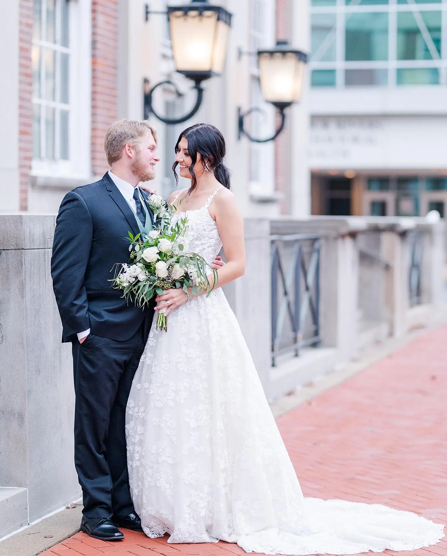 Bride In Square Neck Wedding Dress Called Sawyer By Sottero And Midgley With Groom