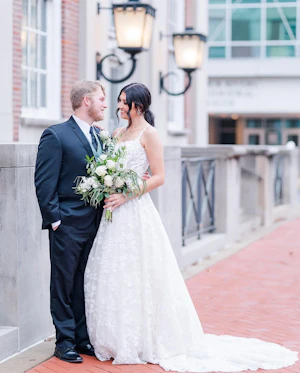 Bride In Square Neck Wedding Dress Called Sawyer By Sottero And Midgley With Groom