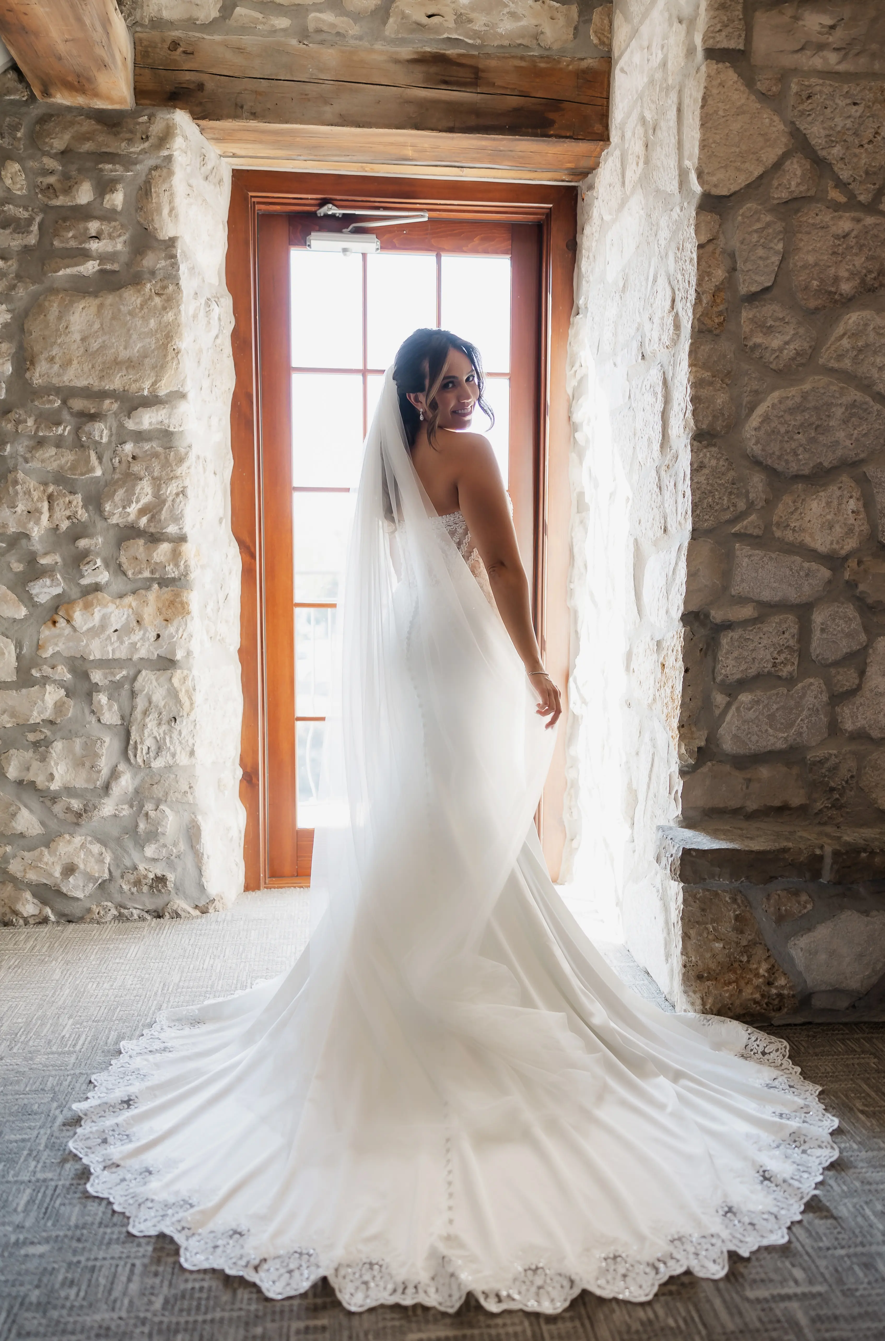Bride in Opulent Stretch Satin Vintage Sheath Wedding Dress with Scoop Back called Yates by Maggie Sottero