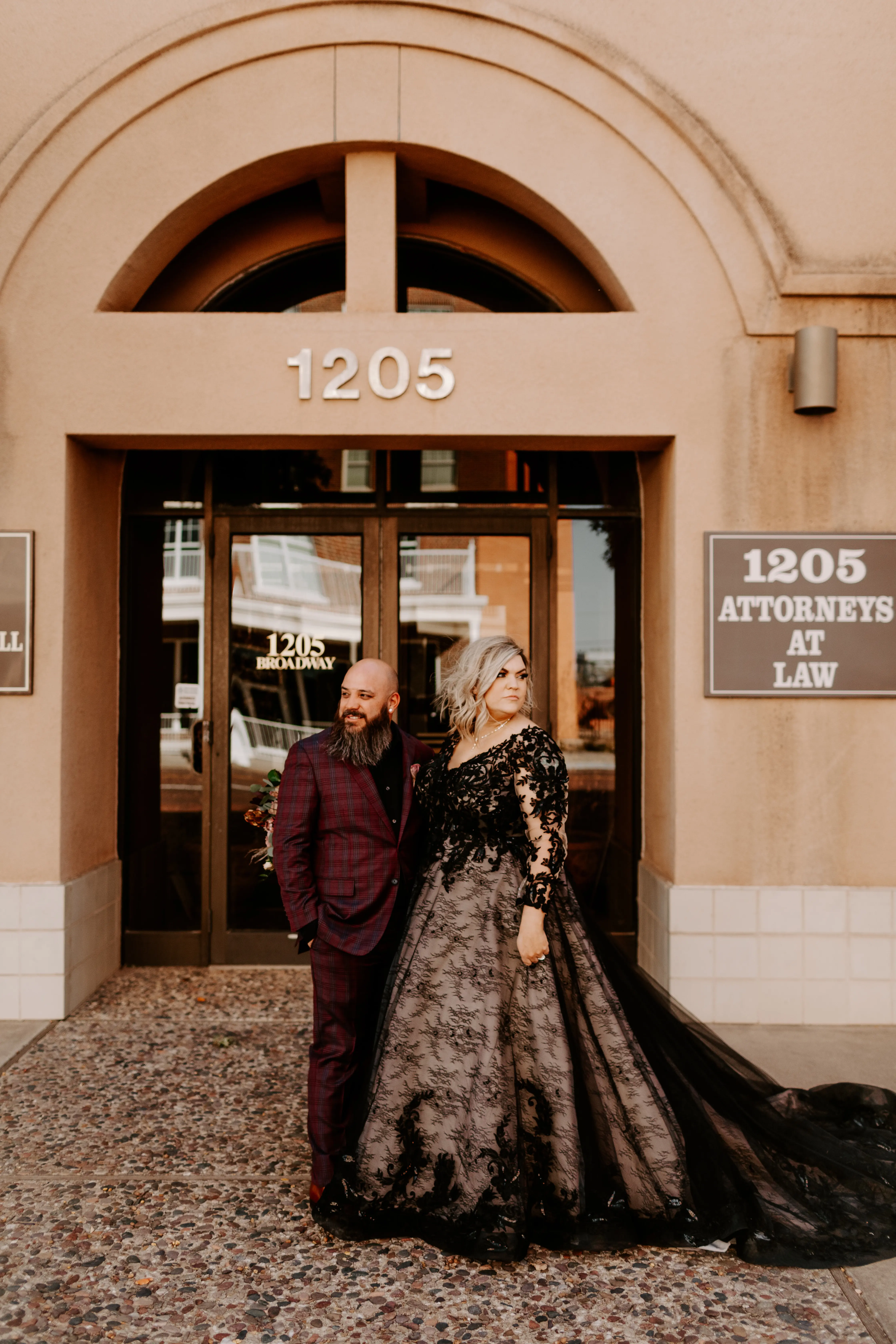 Bride Wearing Black Lace Wedding Dress Called Zander By Sottero And Midgley With Groom