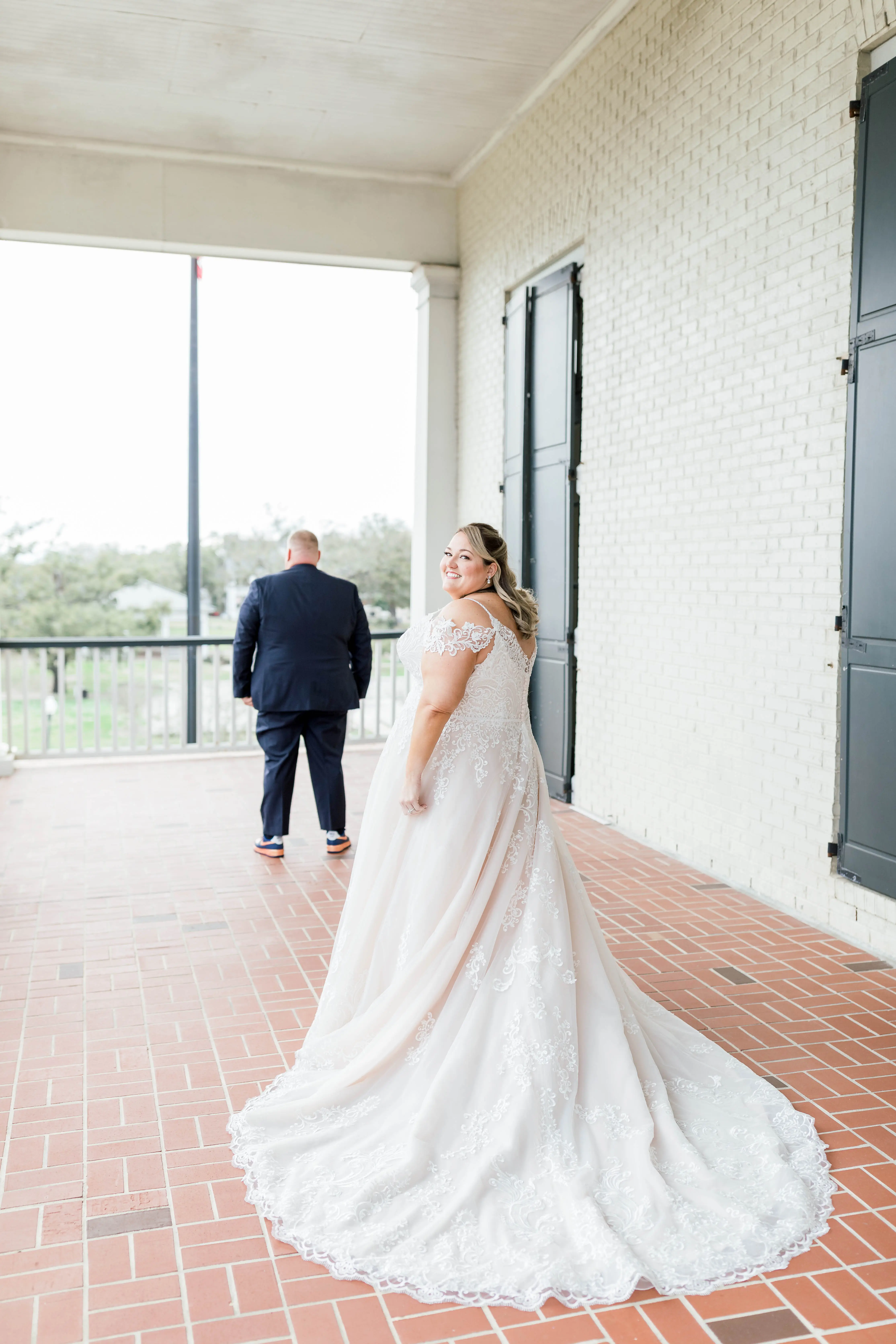 Groom Before First Look with Bride Wearing A-Line Wedding Dress Called Wallis by Maggie Sottero