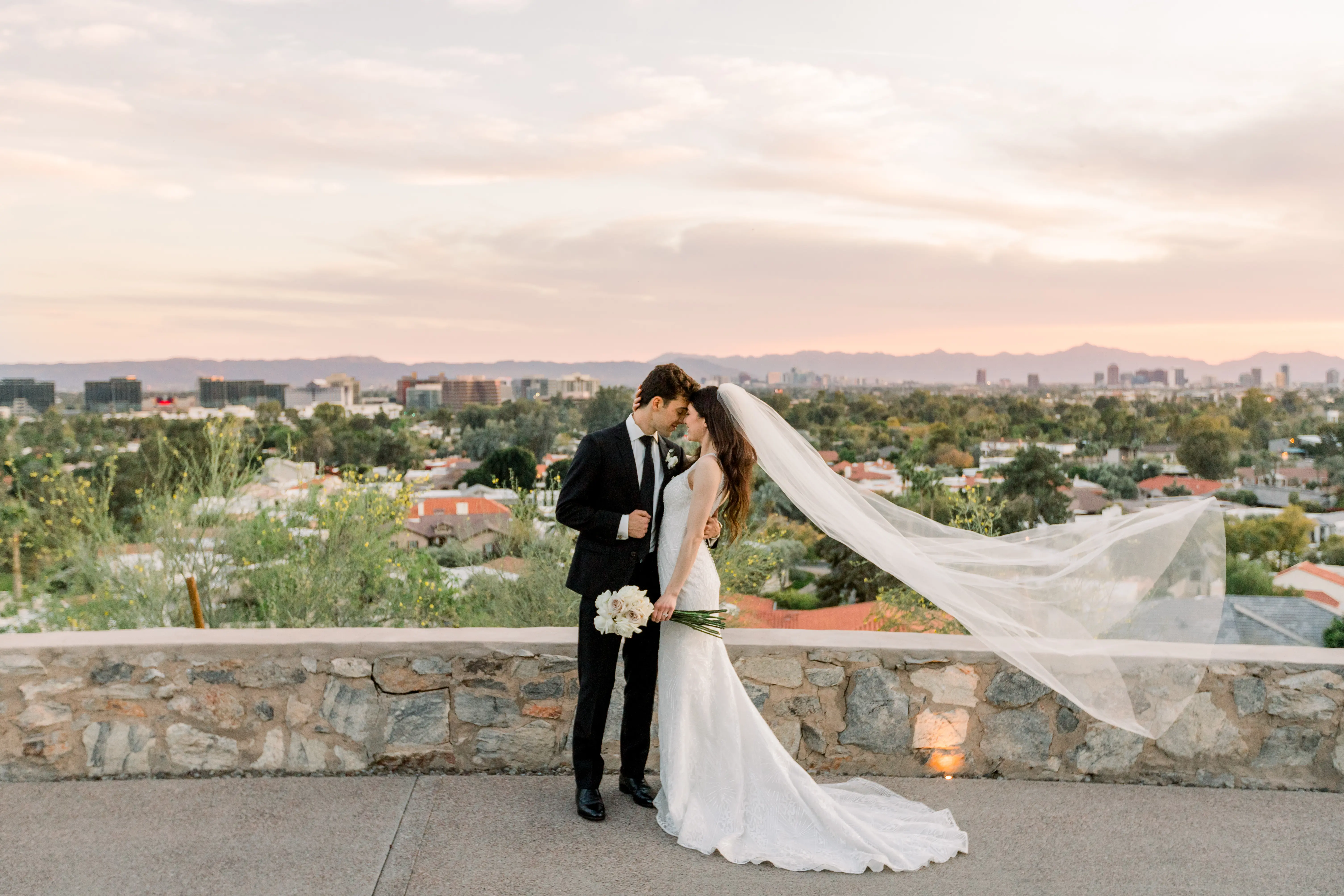 Bride Wearing Vintage Art Deco Wedding Dress Called Elaine By Maggie Sottero With Groom Overlooking The City