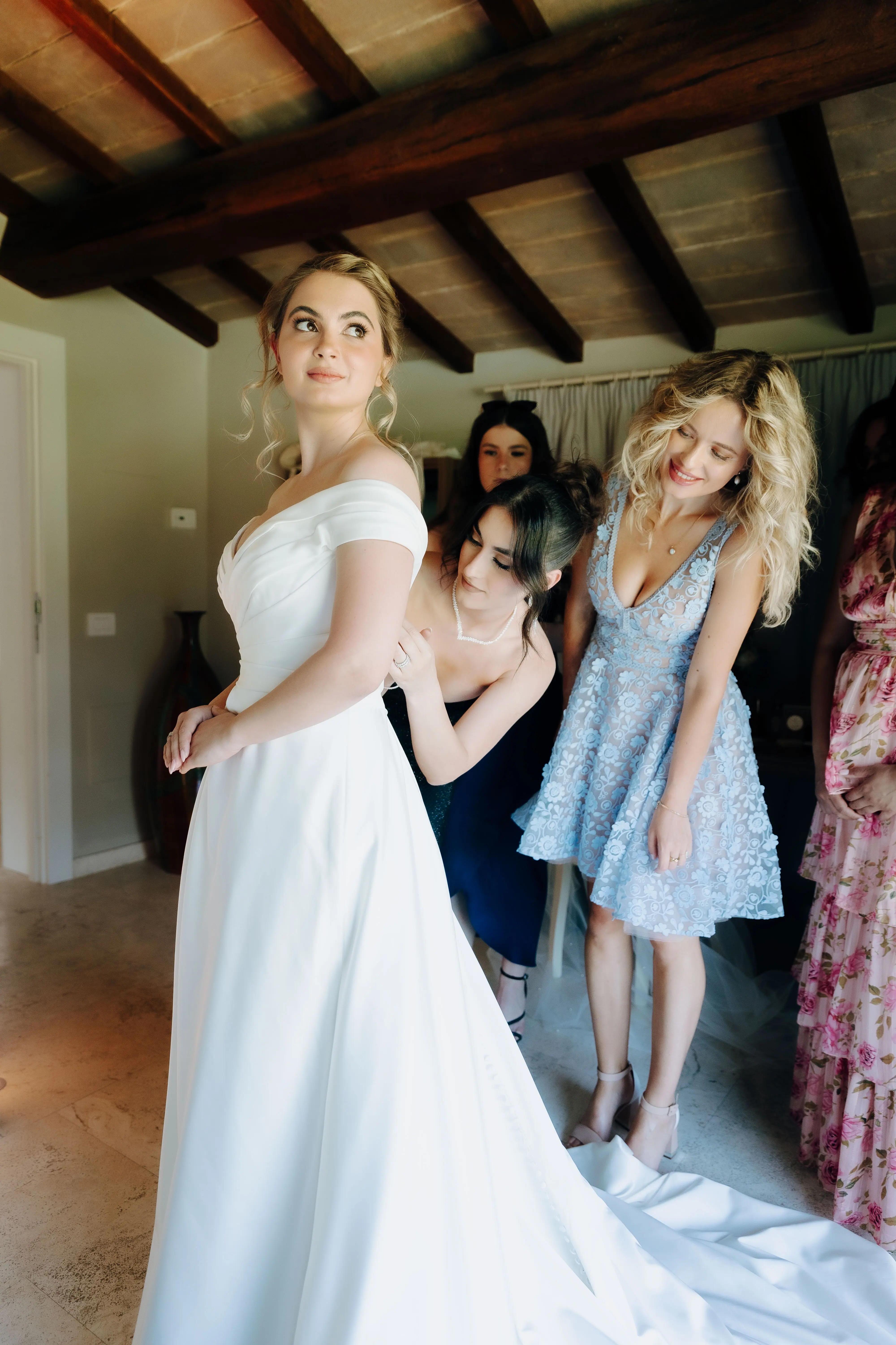 Bride Wearing A-line Classic Wedding Dress Ekaterina By Maggie Sottero Getting Dressed