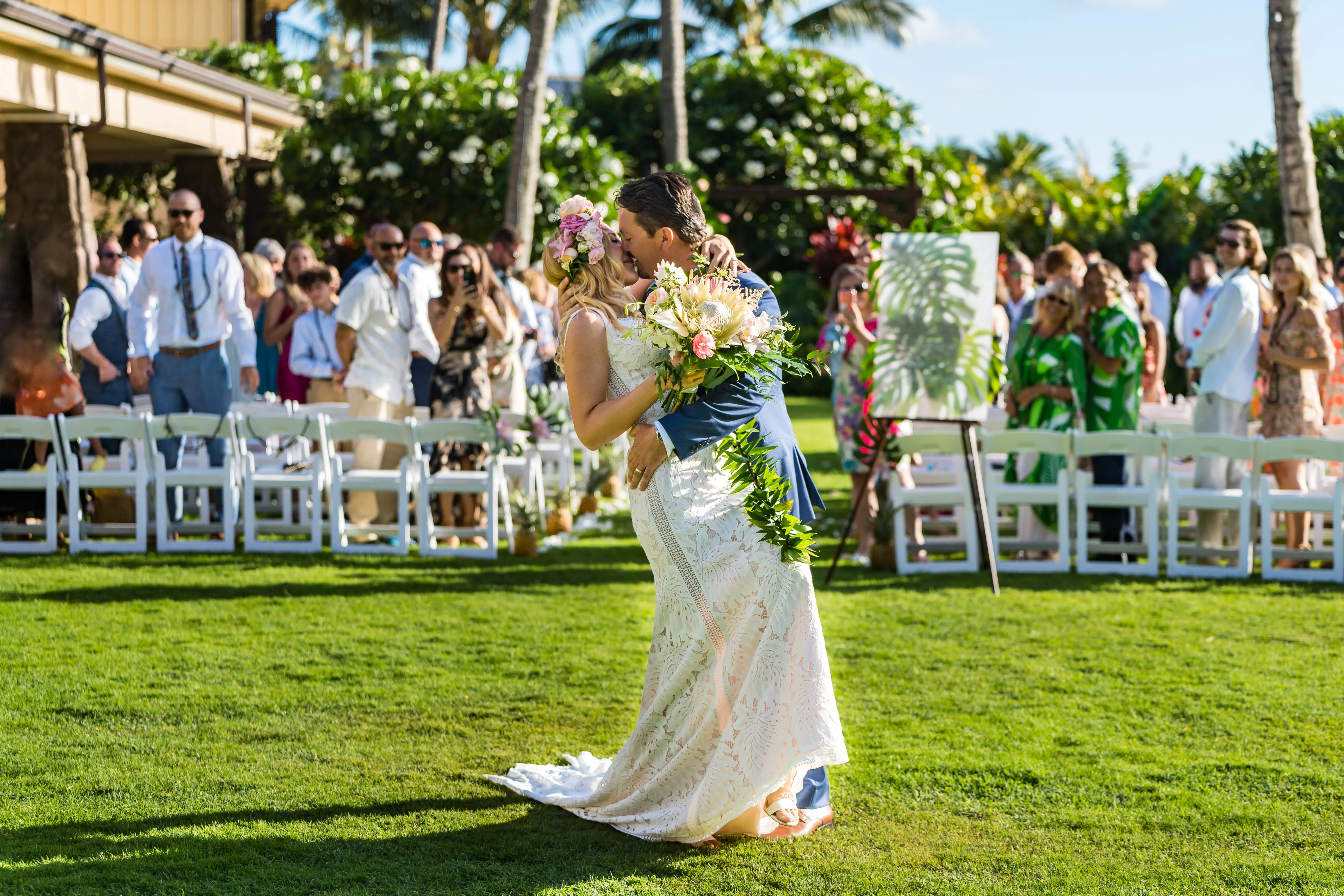 Ceremony Exit Tropical Bride In Lace Dress Called Burke By Maggie Sottero