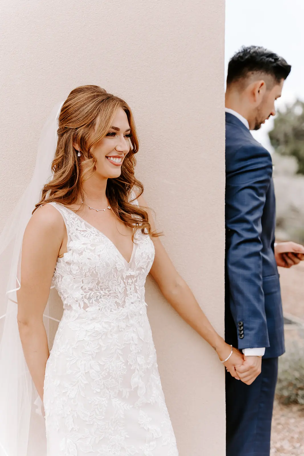 Groom With Bride Wearing Garden Inspired Lace Fit-And-Flare Greenley By Maggie Sottero
