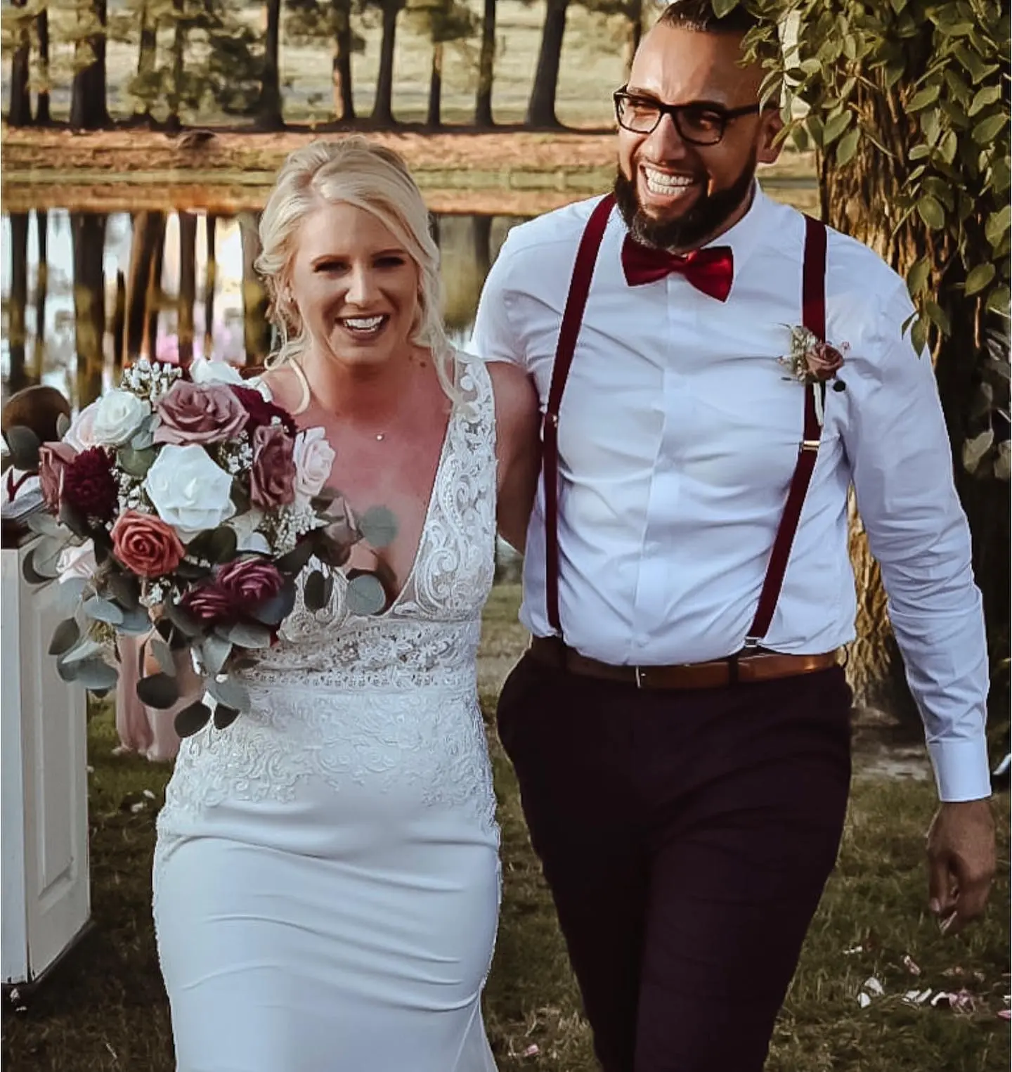 Groom and Bride Wearing Aidan Lace Sheath Bridal Dress Called Aidan By Maggie Sottero