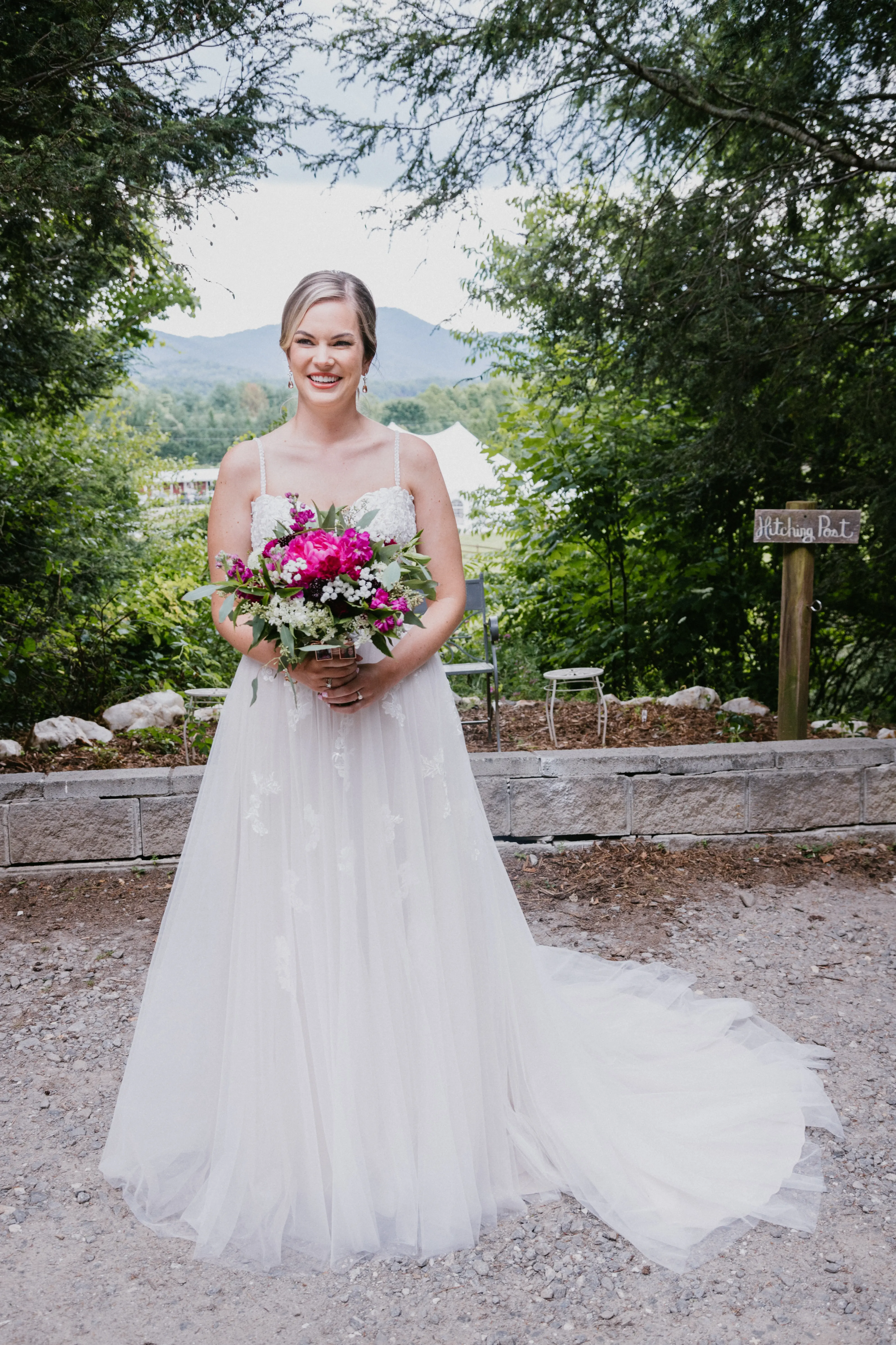 Bride Wearing A-Line Lace Wedding Dress Marisol By Rebecca Ingram